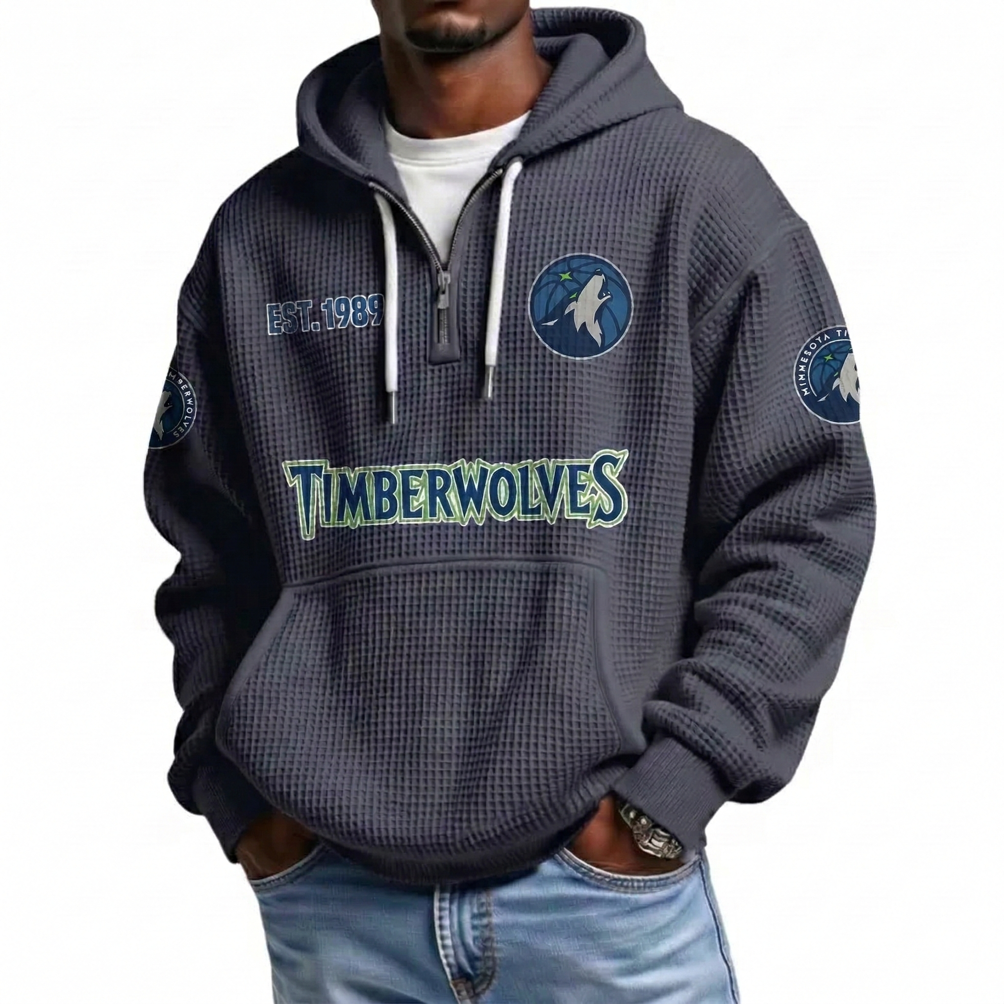 Minnesota Timberwolves EST 1989 Printed Waffle Quarter Zip Basketball Fan Hoodie