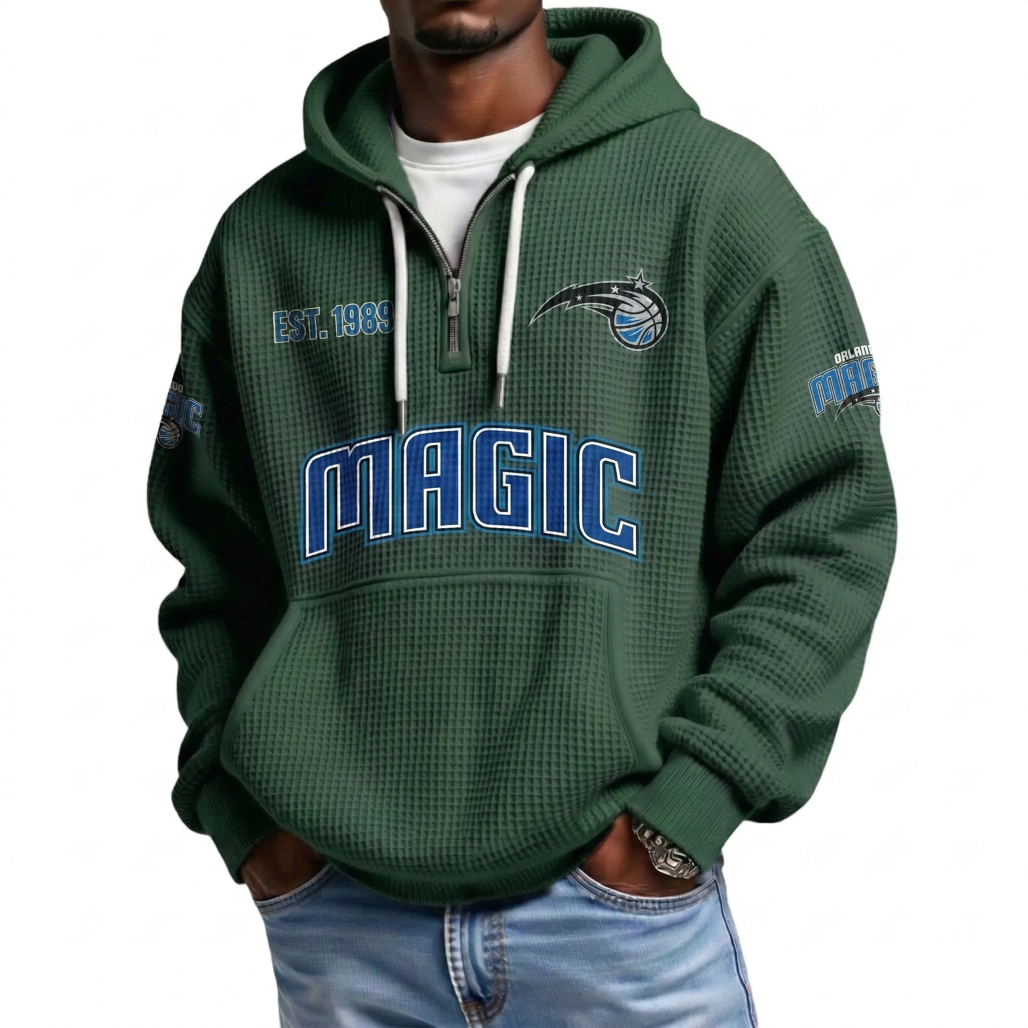 Orlando Magic EST 1989 Printed Waffle Quarter Zip Basketball Fan Hoodie