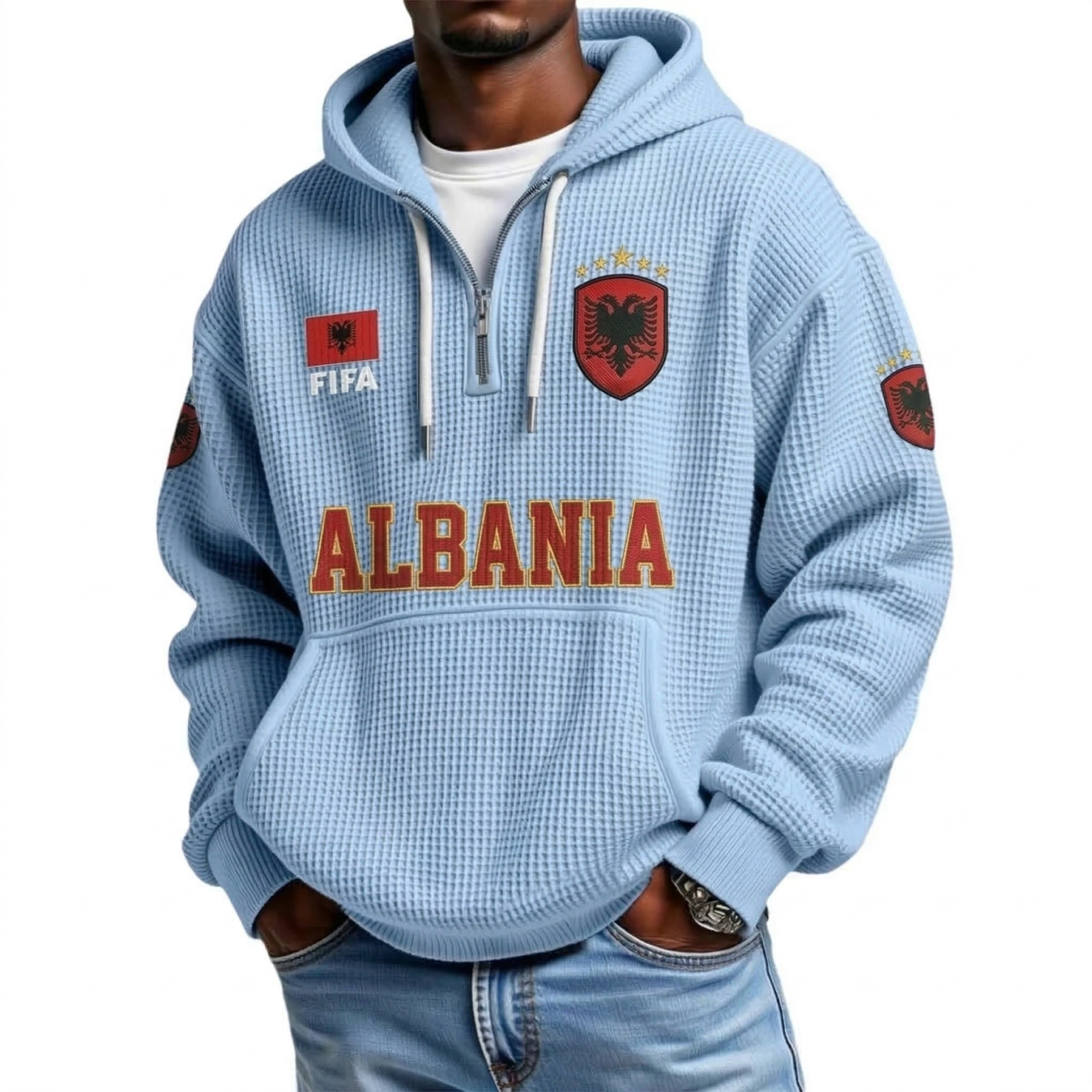 FIFA 2026 Albania Printed Waffle Quarter Zip Football Fan Hoodie