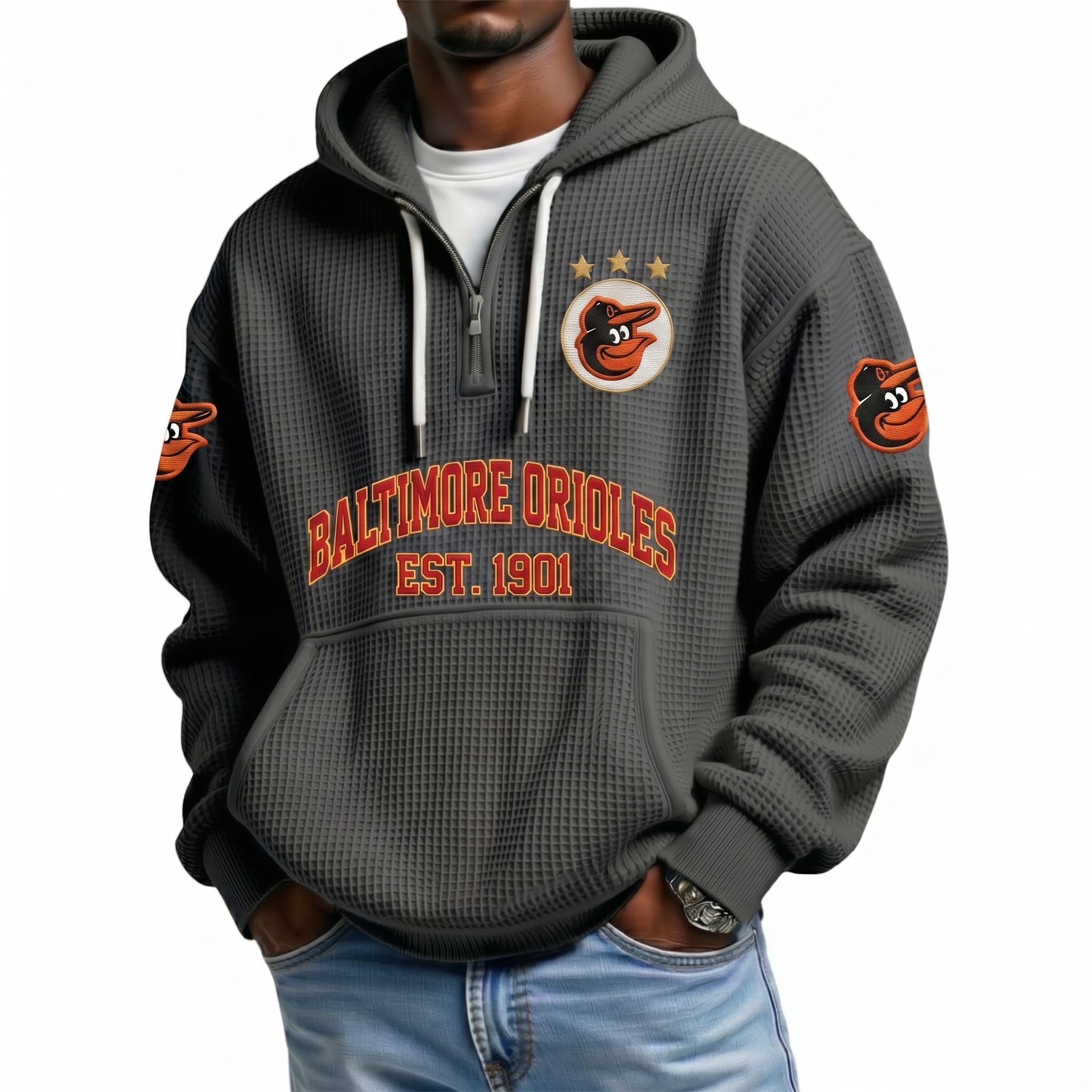 Baltimore Orioles EST 1901 Printed Waffle Quarter Zip Baseball Fan Hoodie
