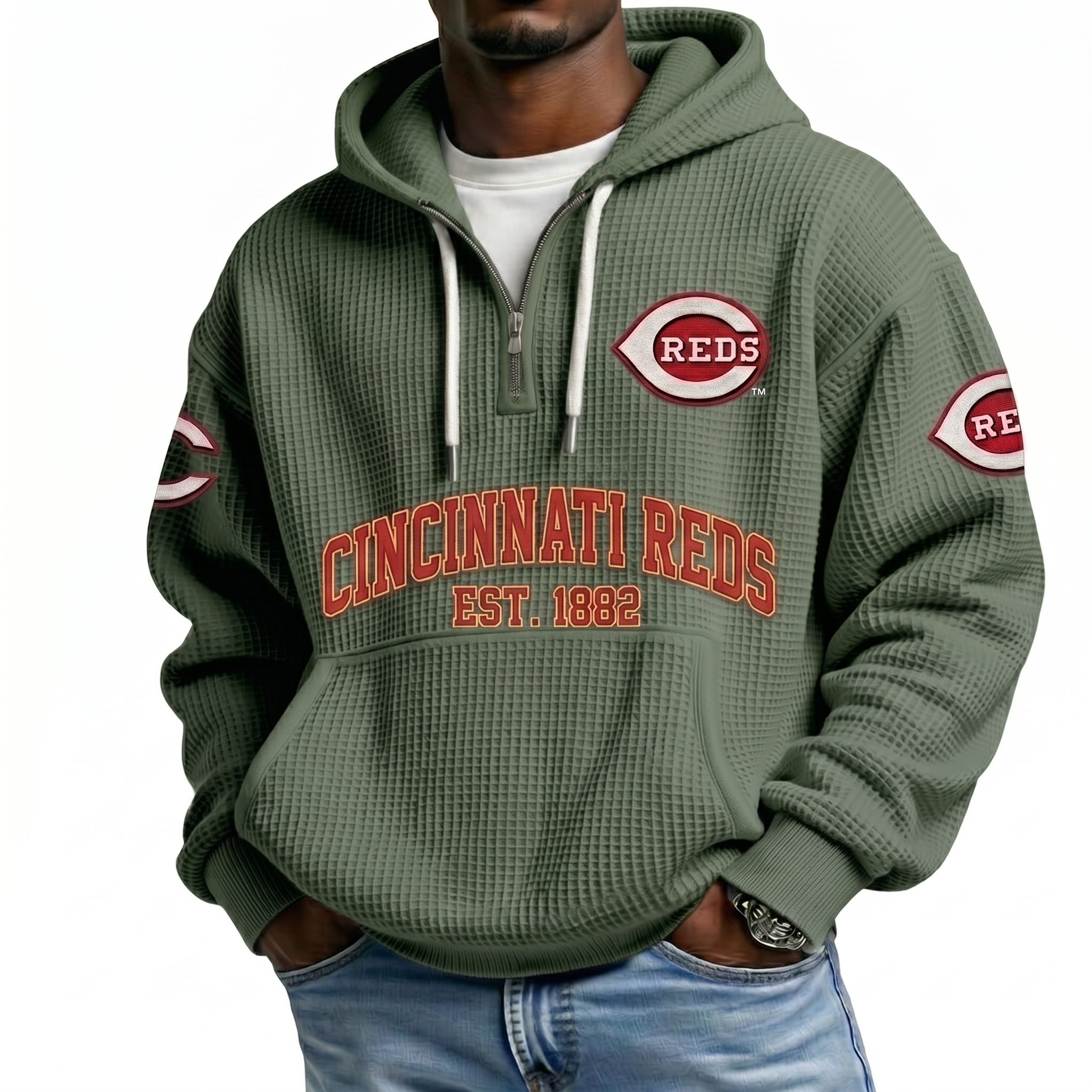 Cincinnati Reds EST 1882 Printed Waffle Quarter Zip Baseball Fan Hoodie