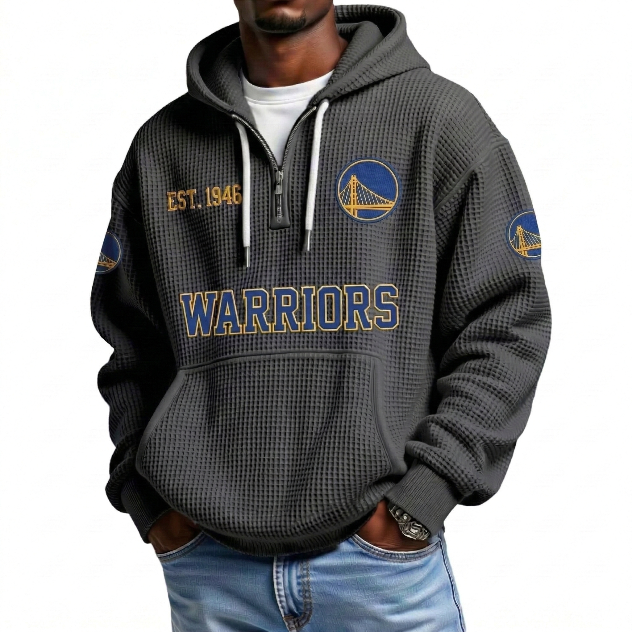 Golden State Warriors EST 1946 Printed Waffle Quarter Zip Basketball Fan Hoodie