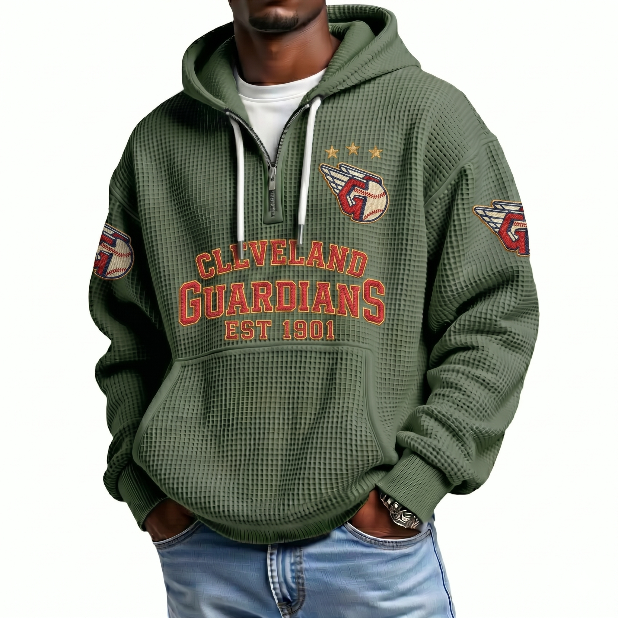 Cleveland Guardians EST 1901 Printed Waffle Quarter Zip Baseball Fan Hoodie