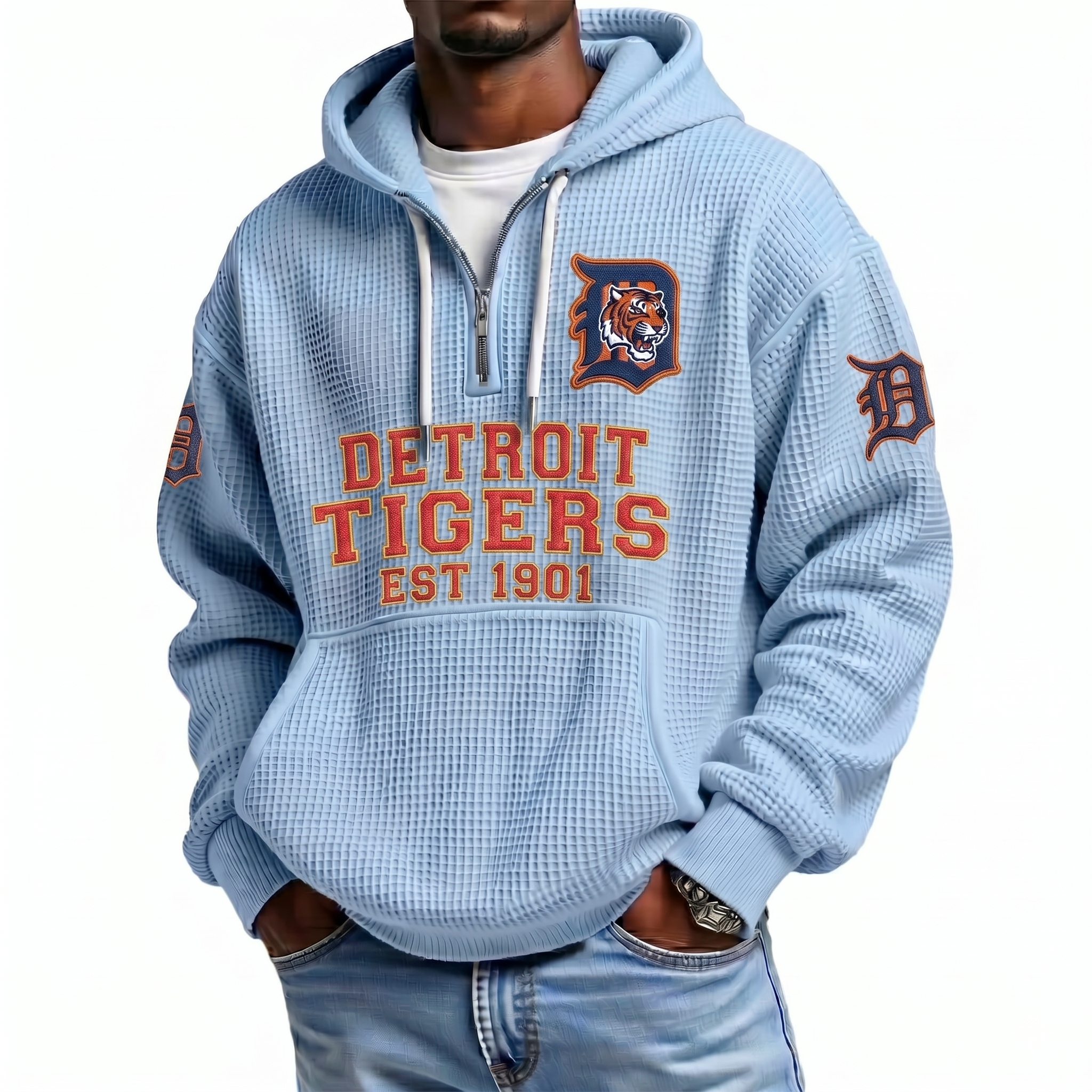 Detroit Tigers EST 1901 Printed Waffle Quarter Zip Baseball Fan Hoodie