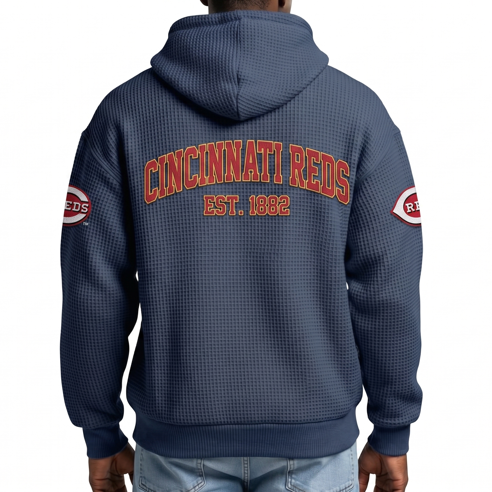 Cincinnati Reds EST 1882 Printed Waffle Quarter Zip Baseball Fan Hoodie