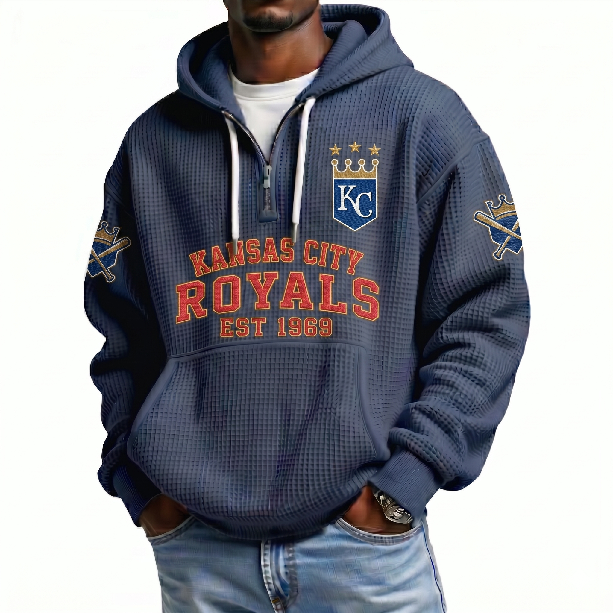 Kansas City Royals EST 1969 Printed Waffle Quarter Zip Baseball Fan Hoodie