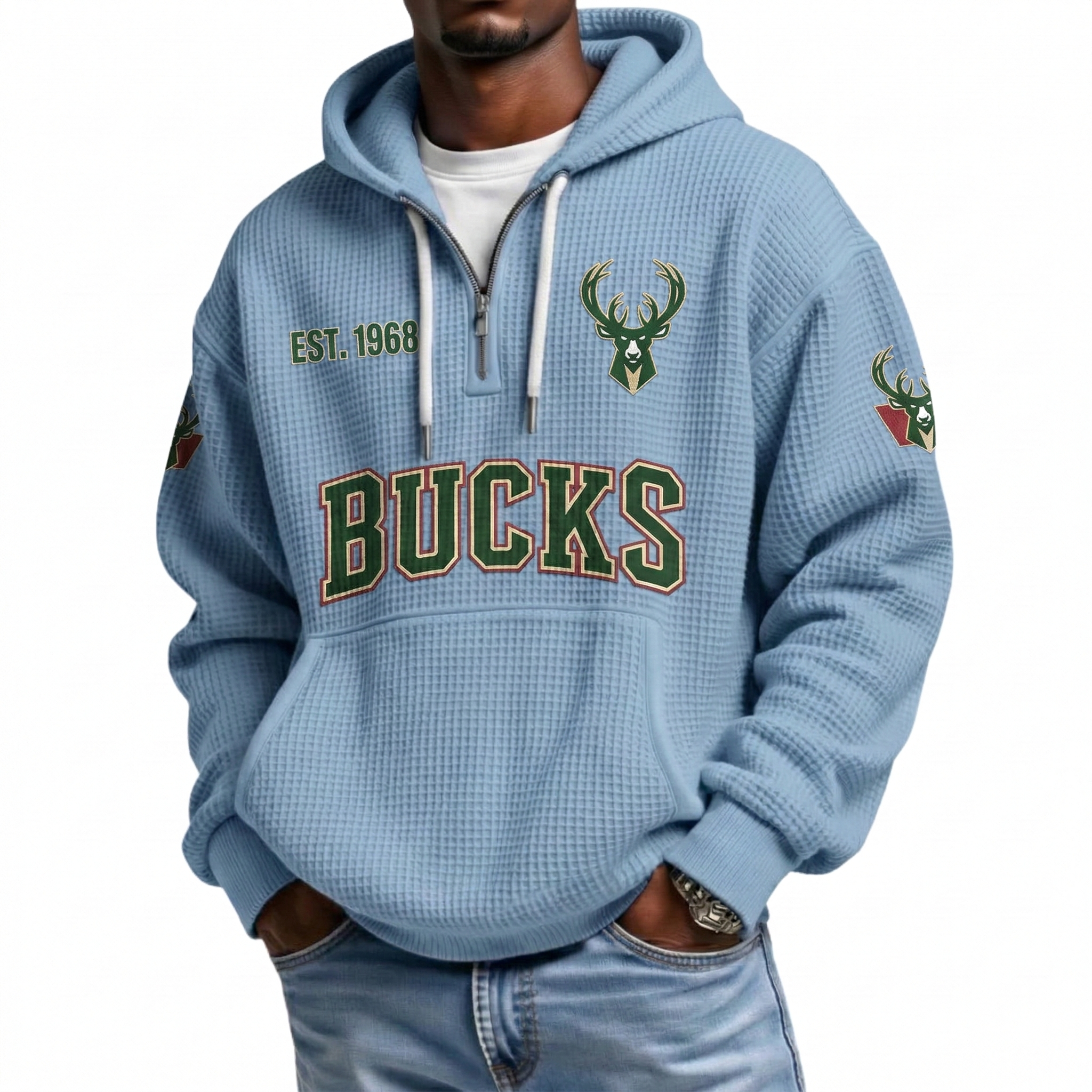 Milwaukee Bucks EST 1968 Printed Waffle Quarter Zip Basketball Fan Hoodie