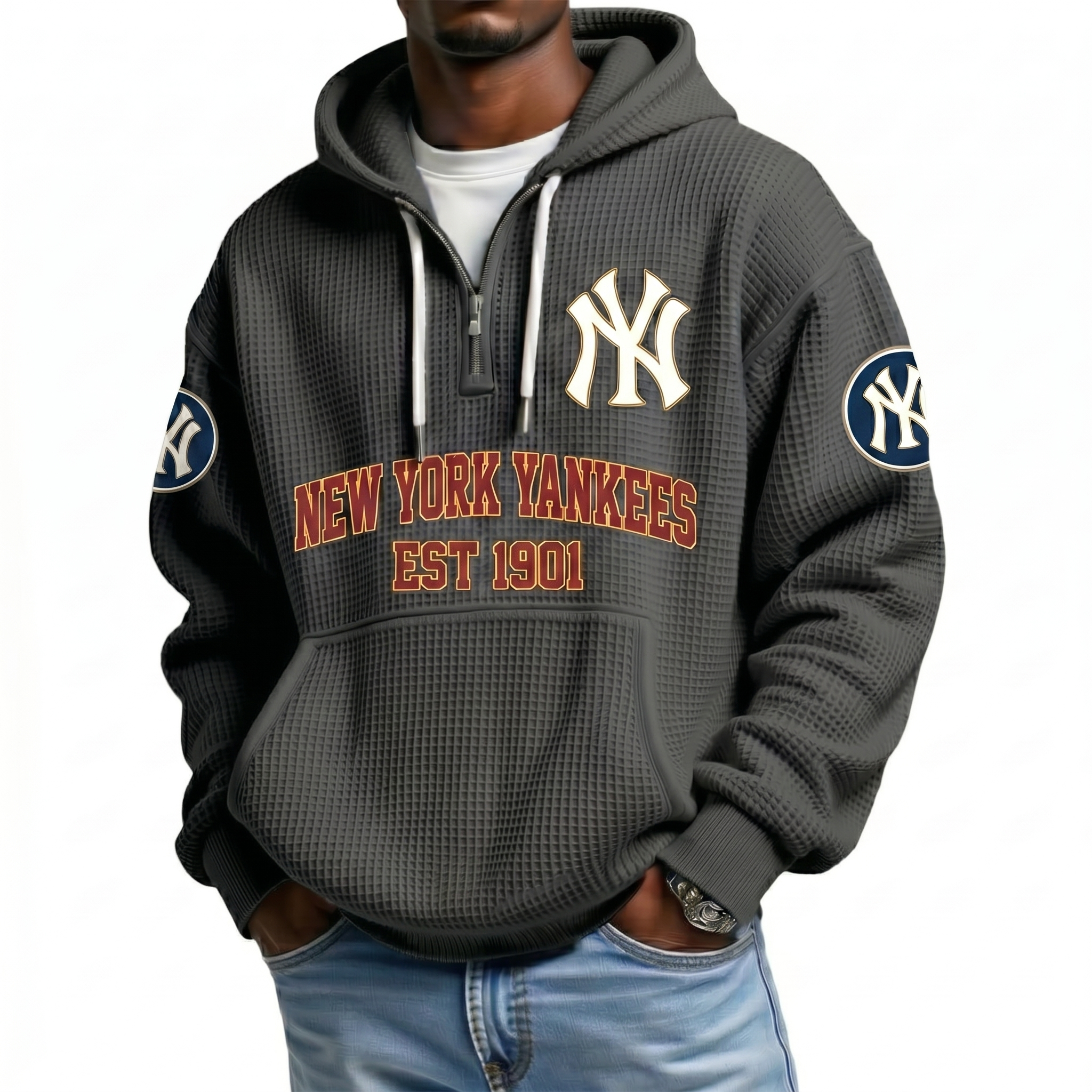 New York Yankees EST 1901 Printed Waffle Quarter Zip Baseball Fan Hoodie