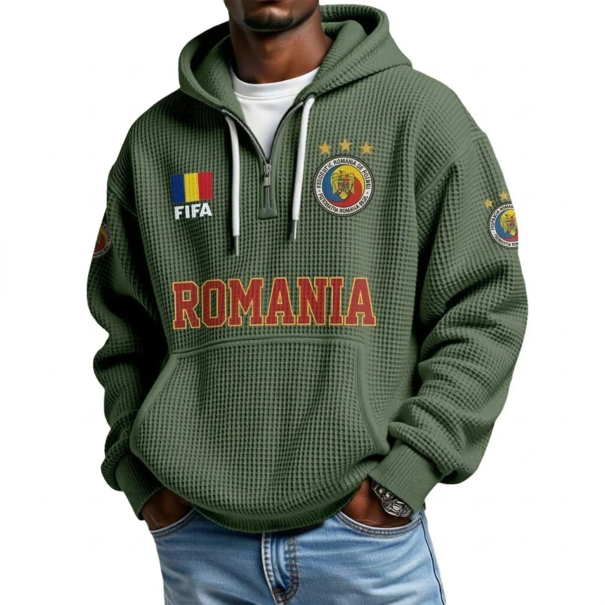 FIFA 2026 Romania Printed Waffle Quarter Zip Football Fan Hoodie