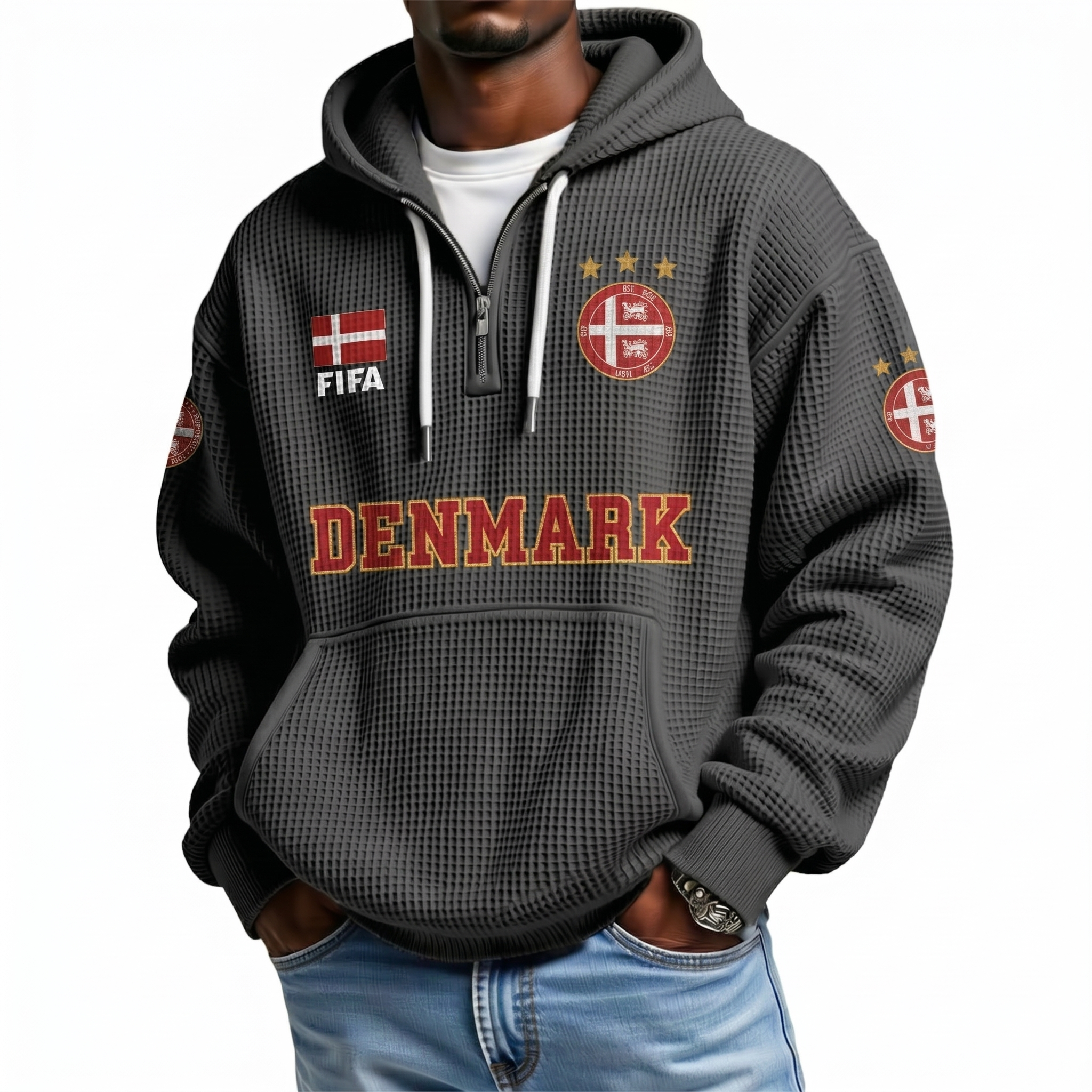 FIFA 2026 Denmark Printed Waffle Quarter Zip Football Fan Hoodie