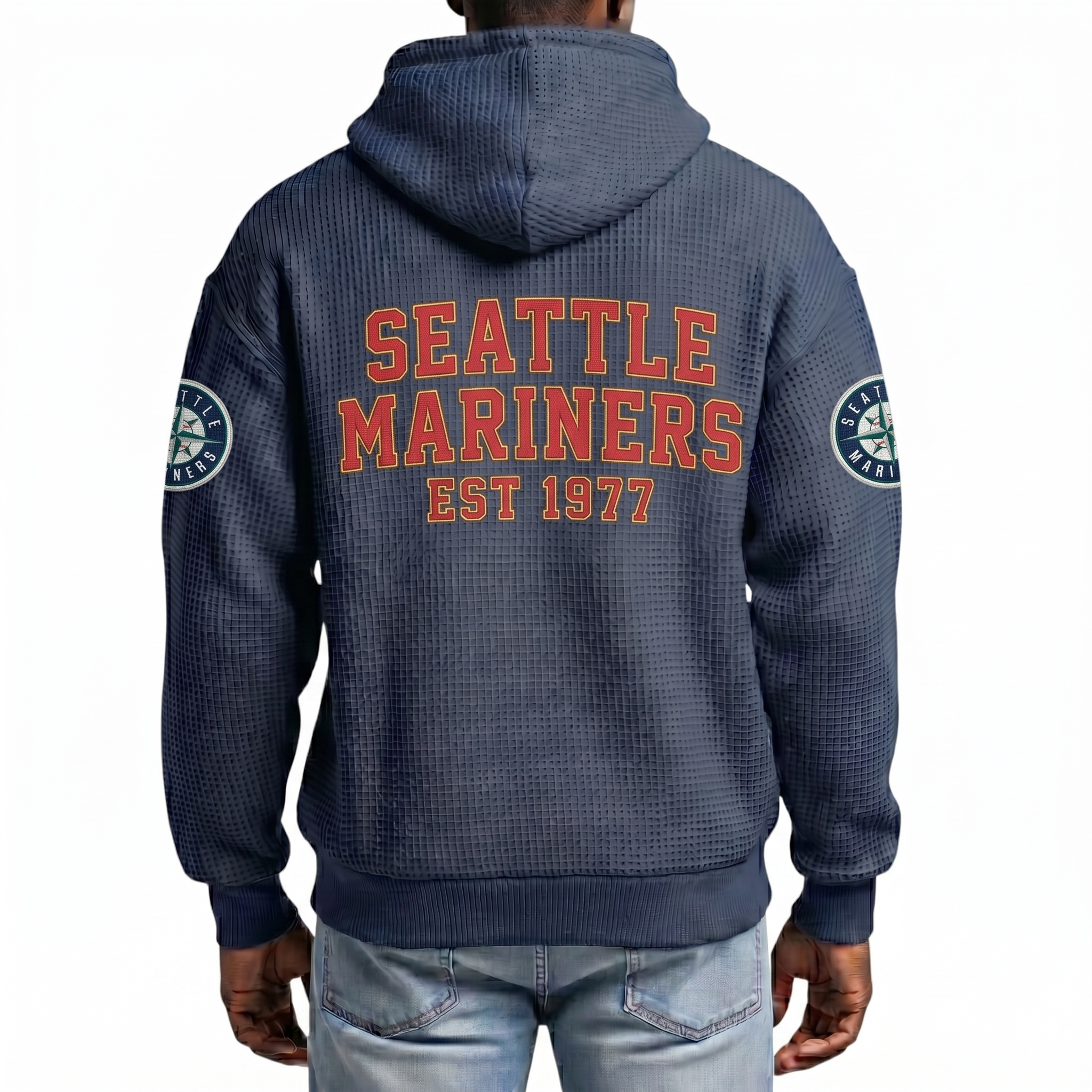 Seattle Mariners EST 1977 Printed Waffle Quarter Zip Baseball Fan Hoodie