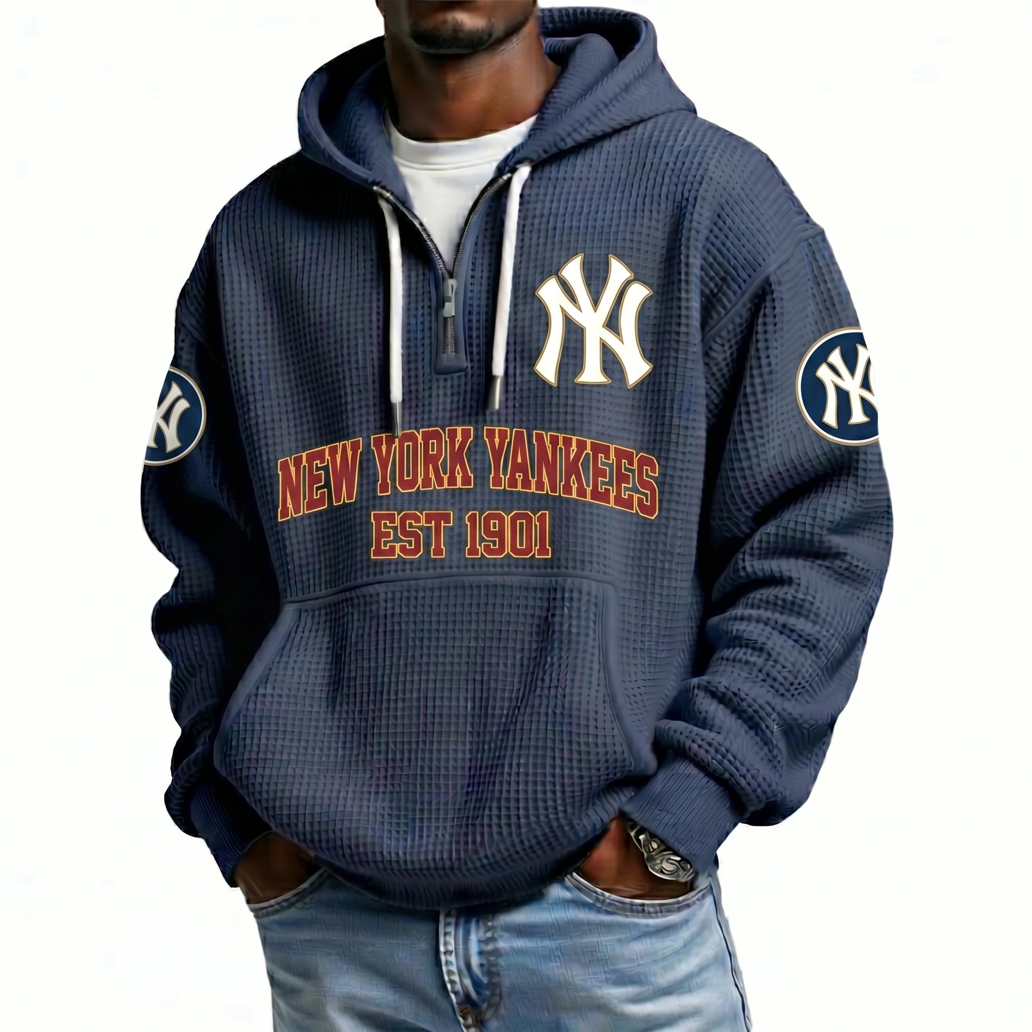 New York Yankees EST 1901 Printed Waffle Quarter Zip Baseball Fan Hoodie