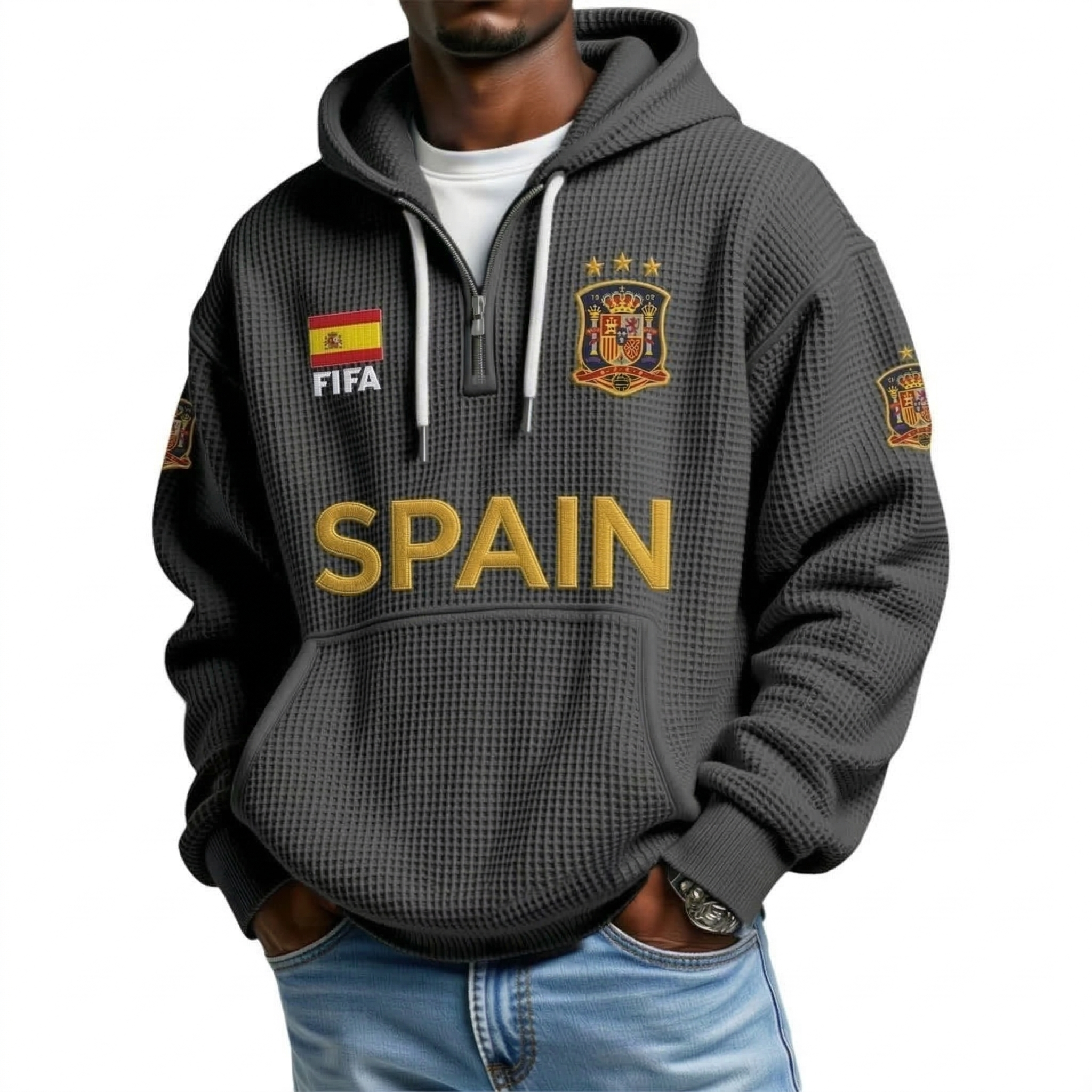 FIFA 2026 Spain Printed Waffle Quarter Zip Football Fan Hoodie