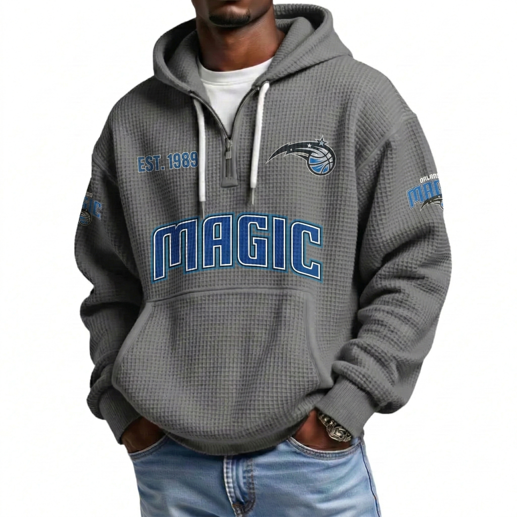Orlando Magic EST 1989 Printed Waffle Quarter Zip Basketball Fan Hoodie