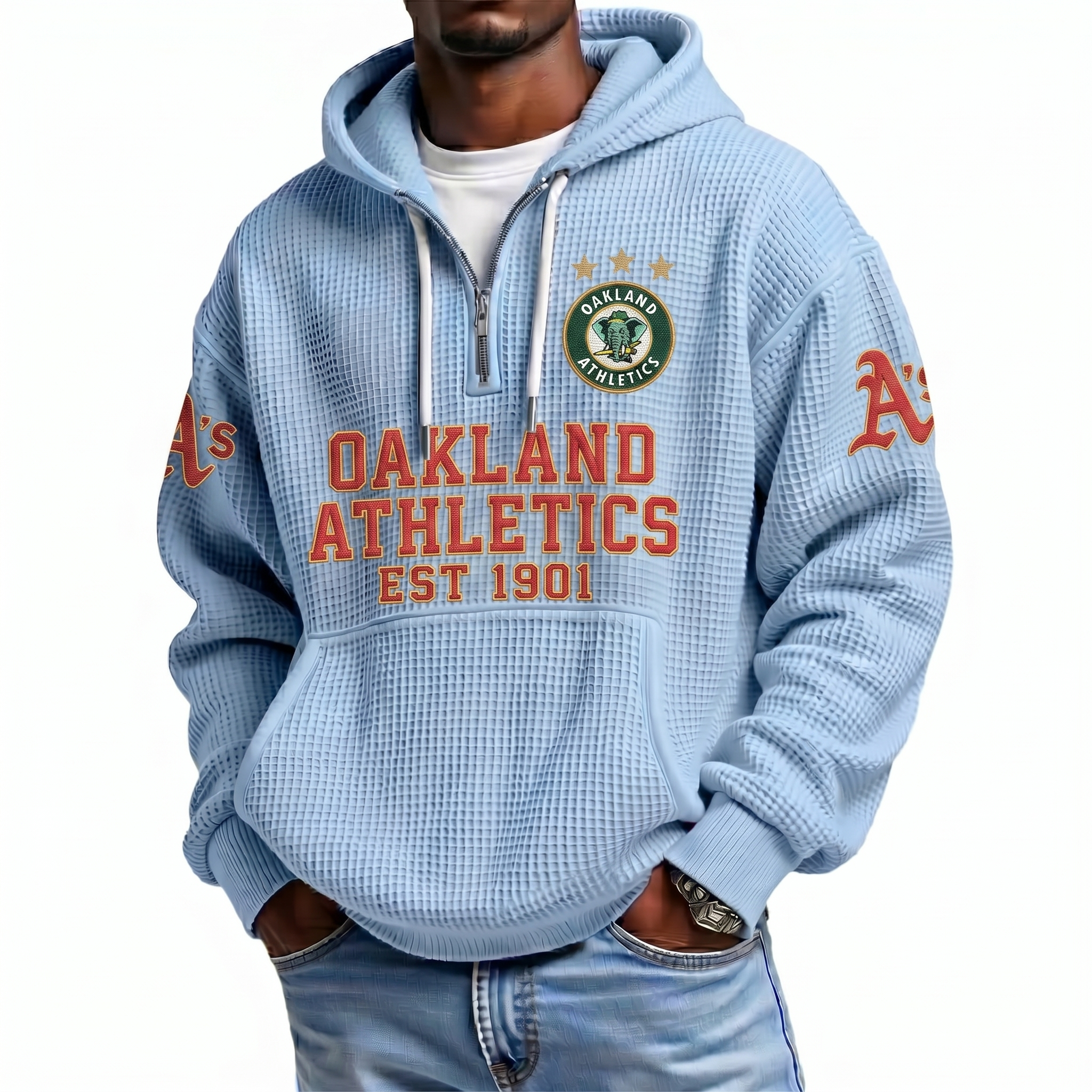 Oakland Athletics EST 1901 Printed Waffle Quarter Zip Baseball Fan Hoodie