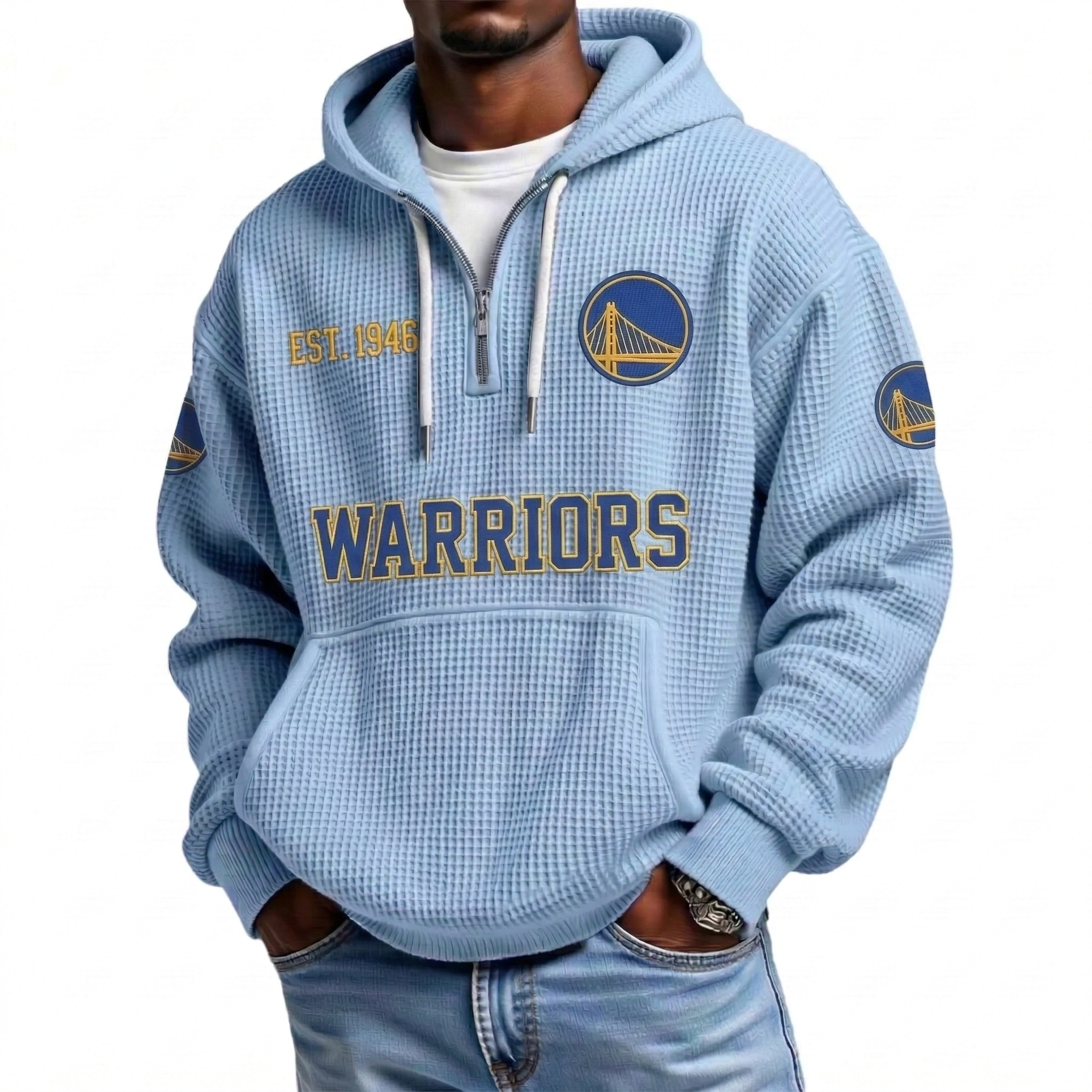 Golden State Warriors EST 1946 Printed Waffle Quarter Zip Basketball Fan Hoodie