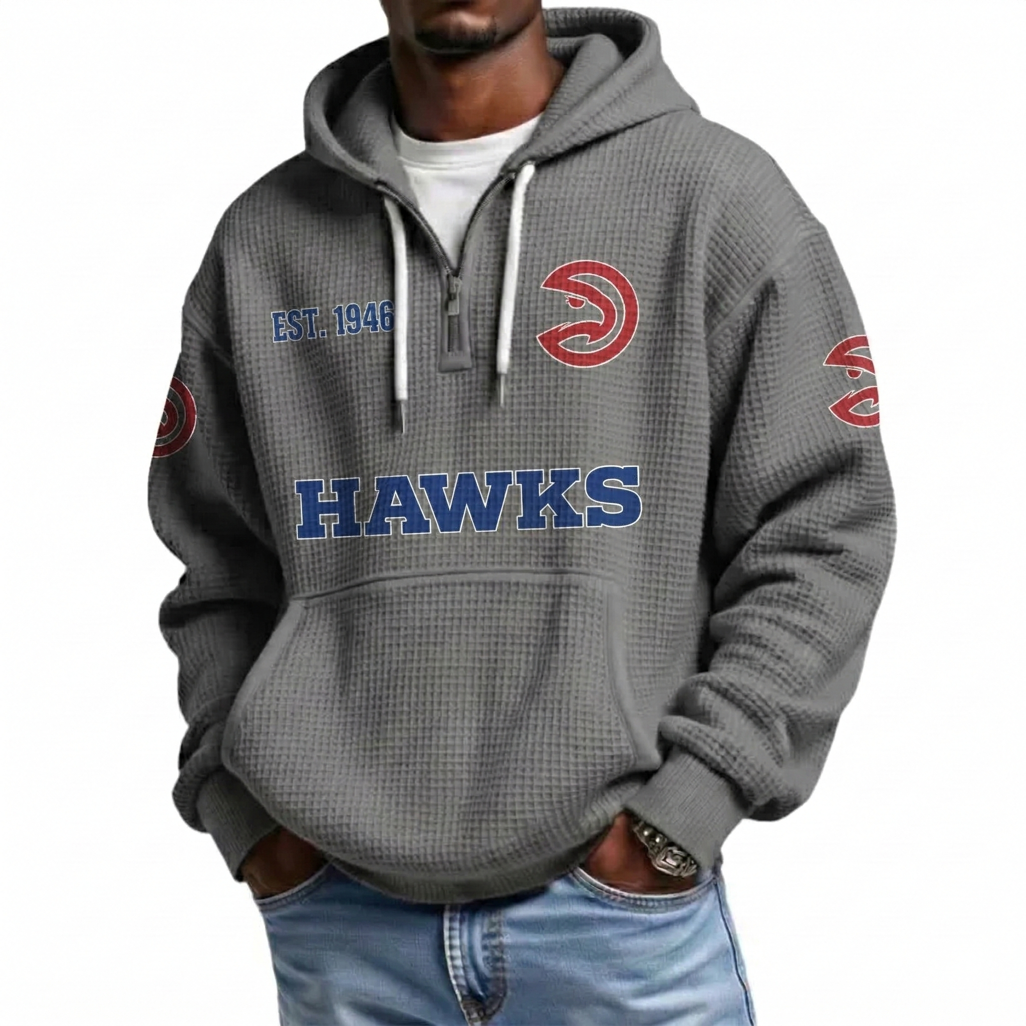 Atlanta Hawks EST 1946 Printed Waffle Quarter Zip Basketball Fan Hoodie