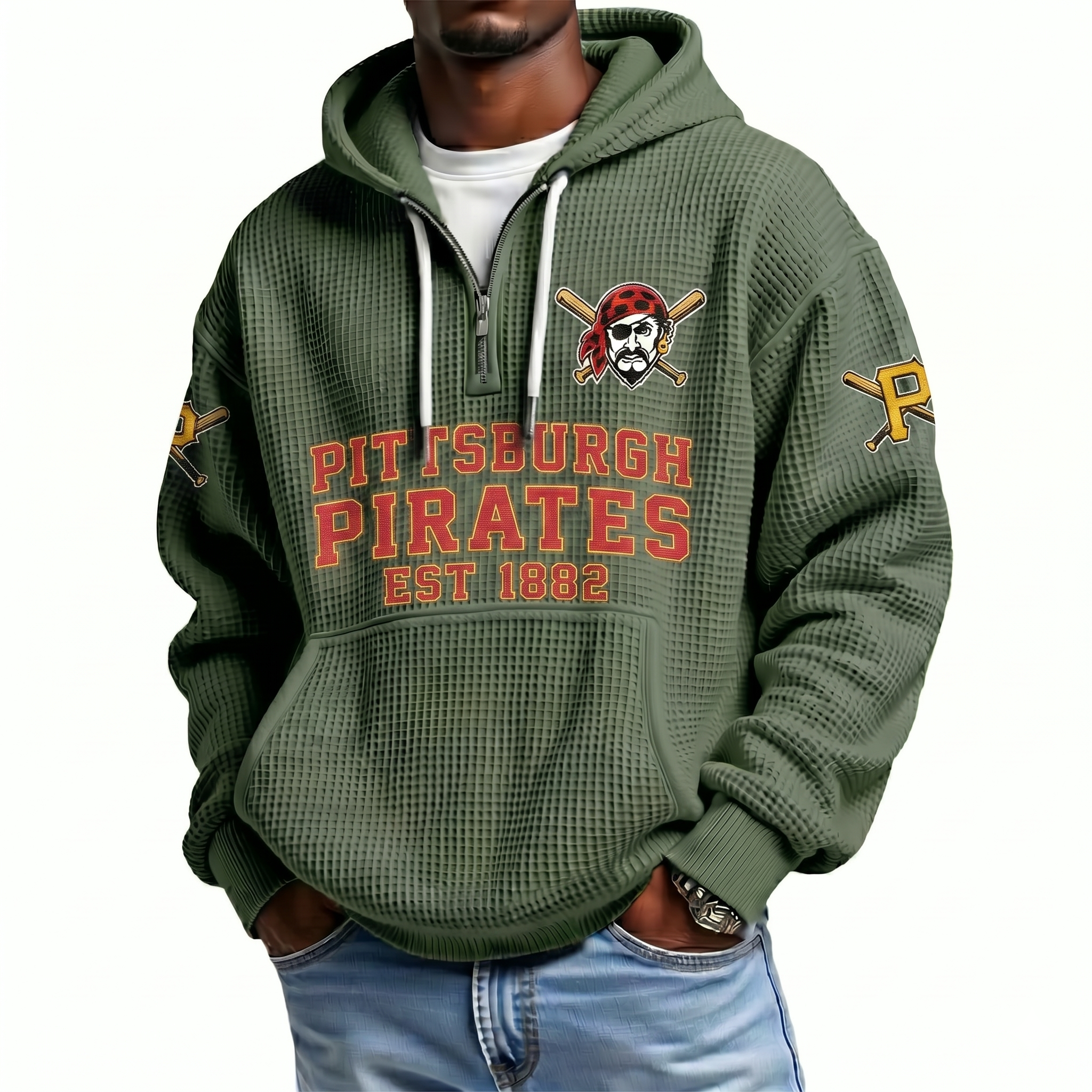 Pittsburgh Pirates EST 1882 Printed Waffle Quarter Zip Baseball Fan Hoodie