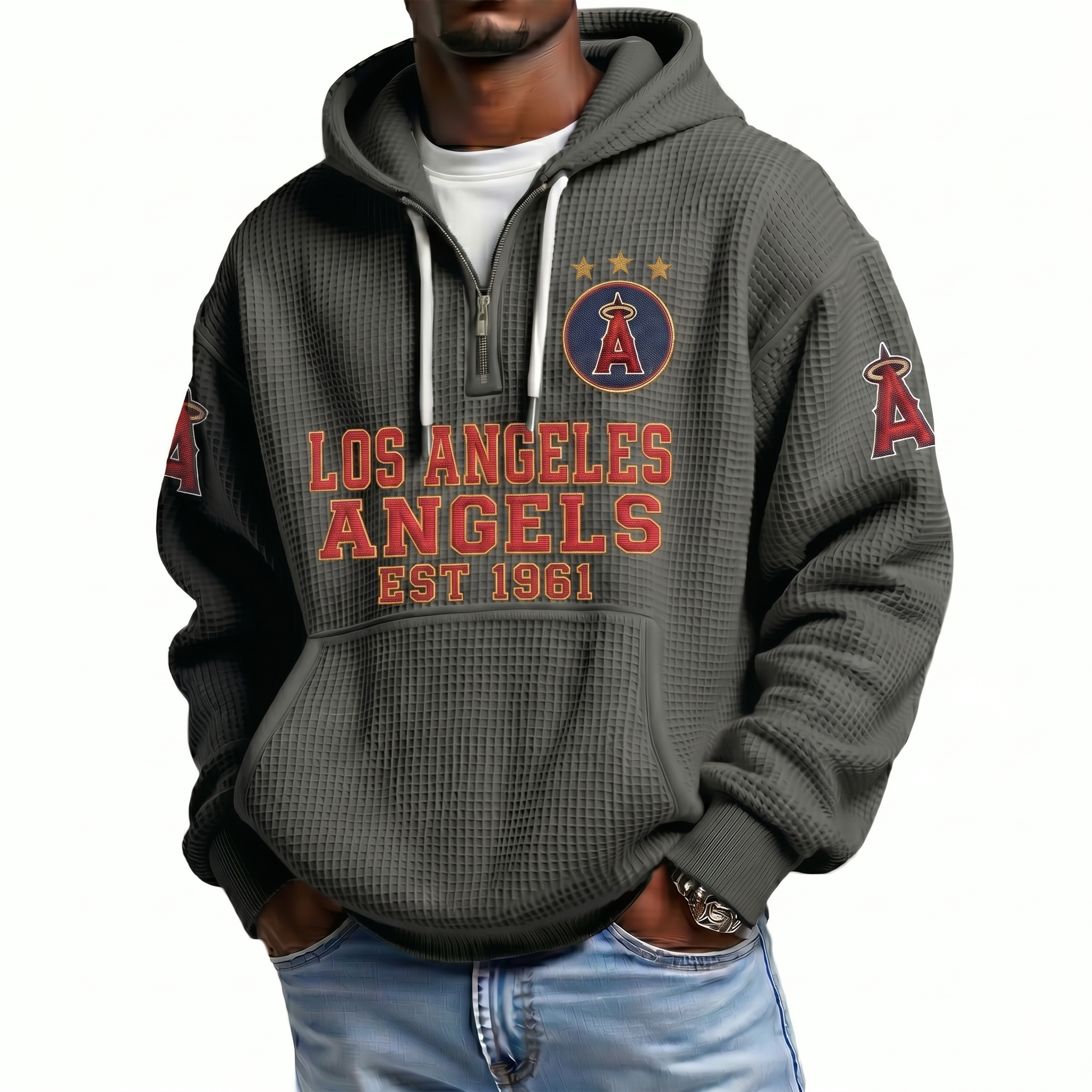 Los Angeles Angels EST 1961 Printed Waffle Quarter Zip Baseball Fan Hoodie