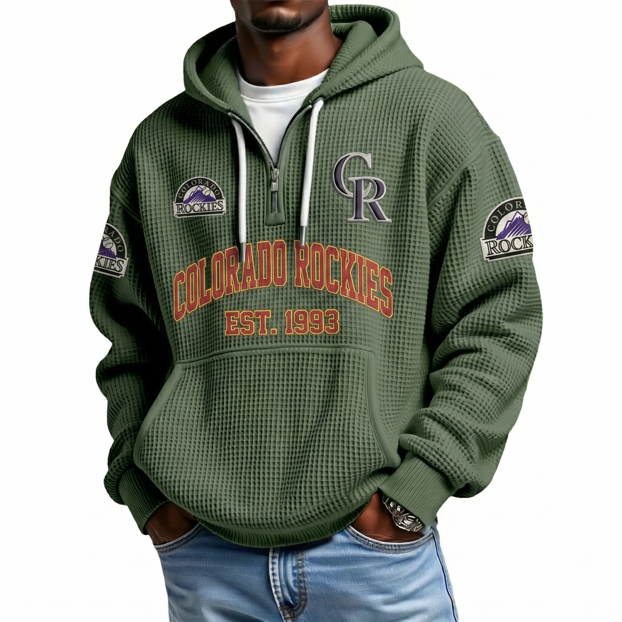 Colorado Rockies EST 1993 Printed Waffle Quarter Zip Baseball Fan Hoodie