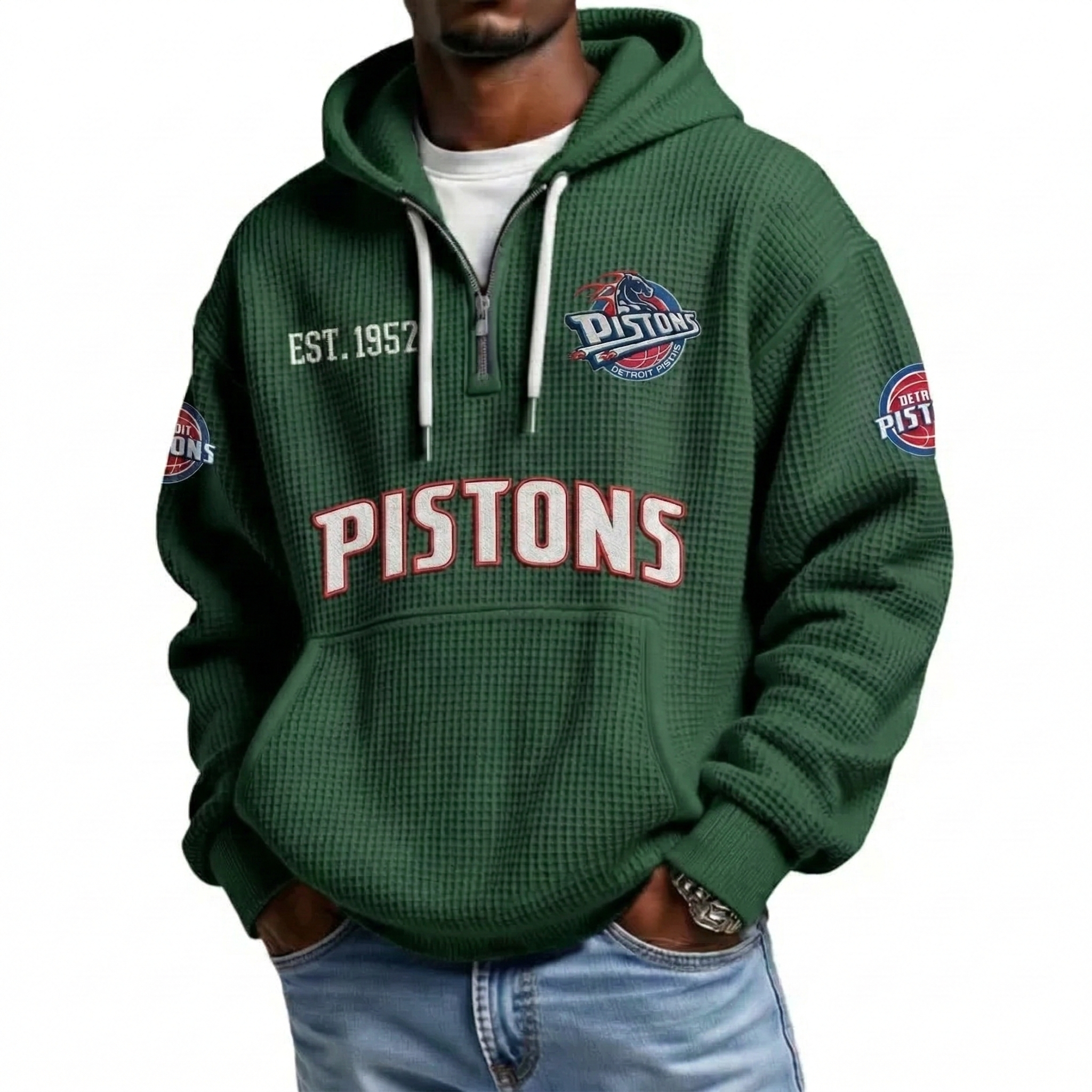 Detroit Pistons EST 1957 Printed Waffle Quarter Zip Basketball Fan Hoodie