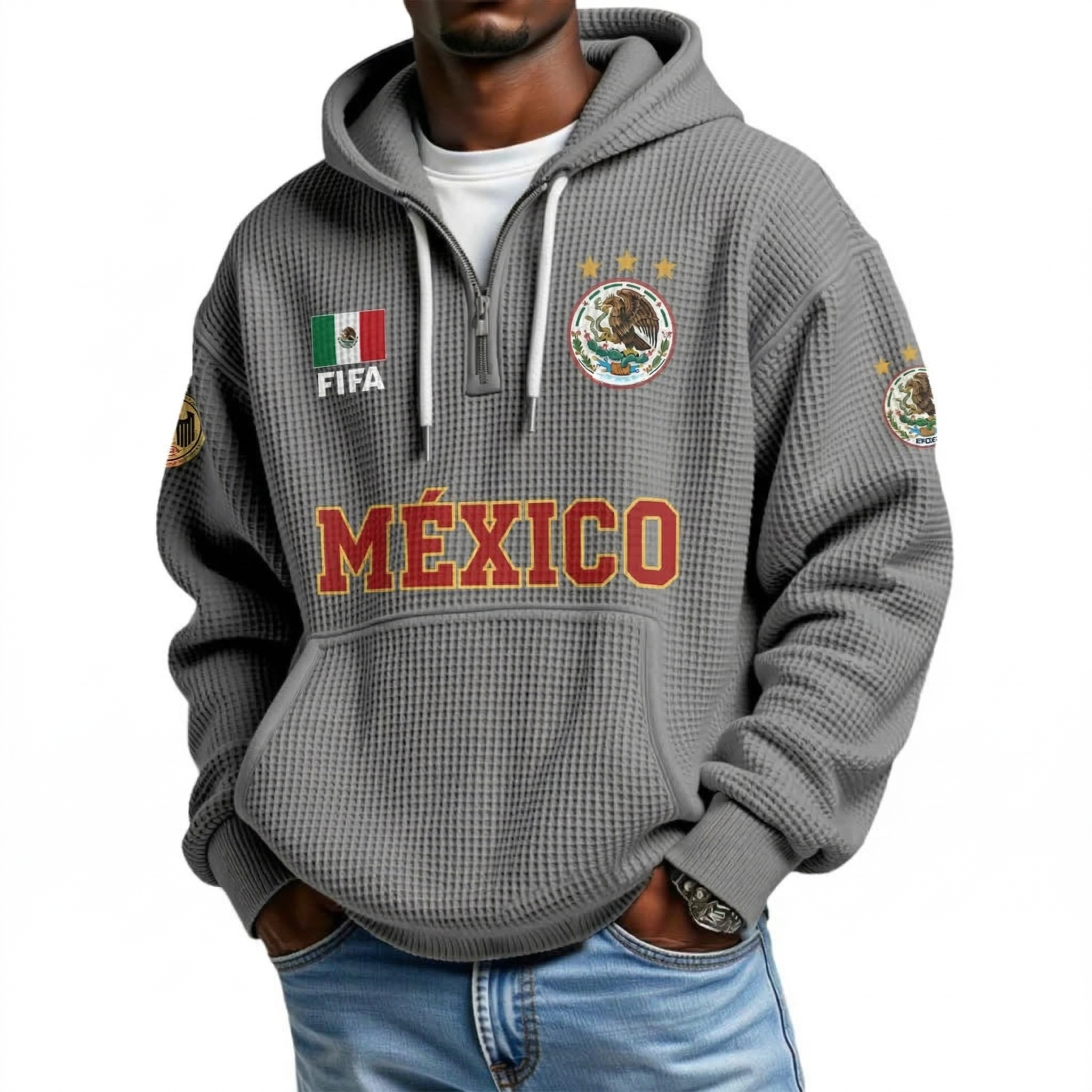 FIFA 2026 Mexico Printed Waffle Quarter Zip Football Fan Hoodie