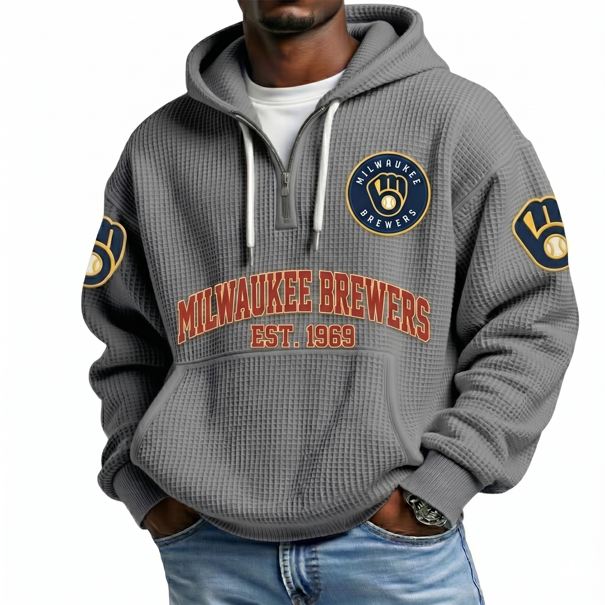Milwaukee Brewers EST 1969 Printed Waffle Quarter Zip Baseball Fan Hoodie