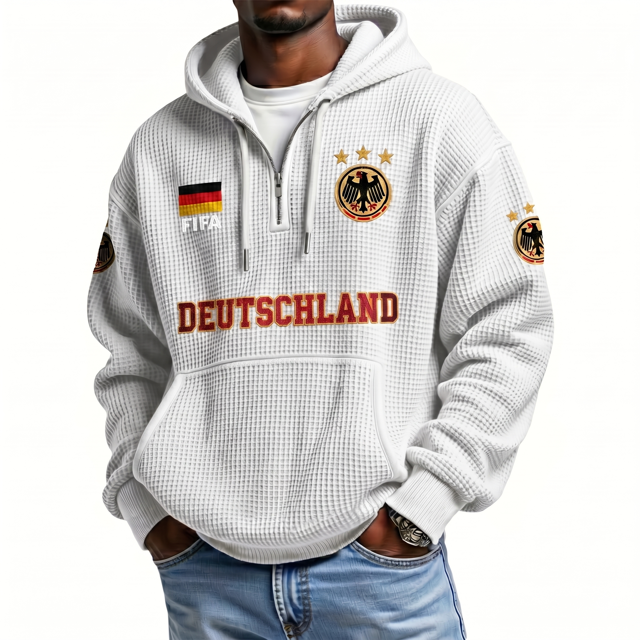 FIFA 2026 Germany Printed Waffle Quarter Zip Football Fan Hoodie