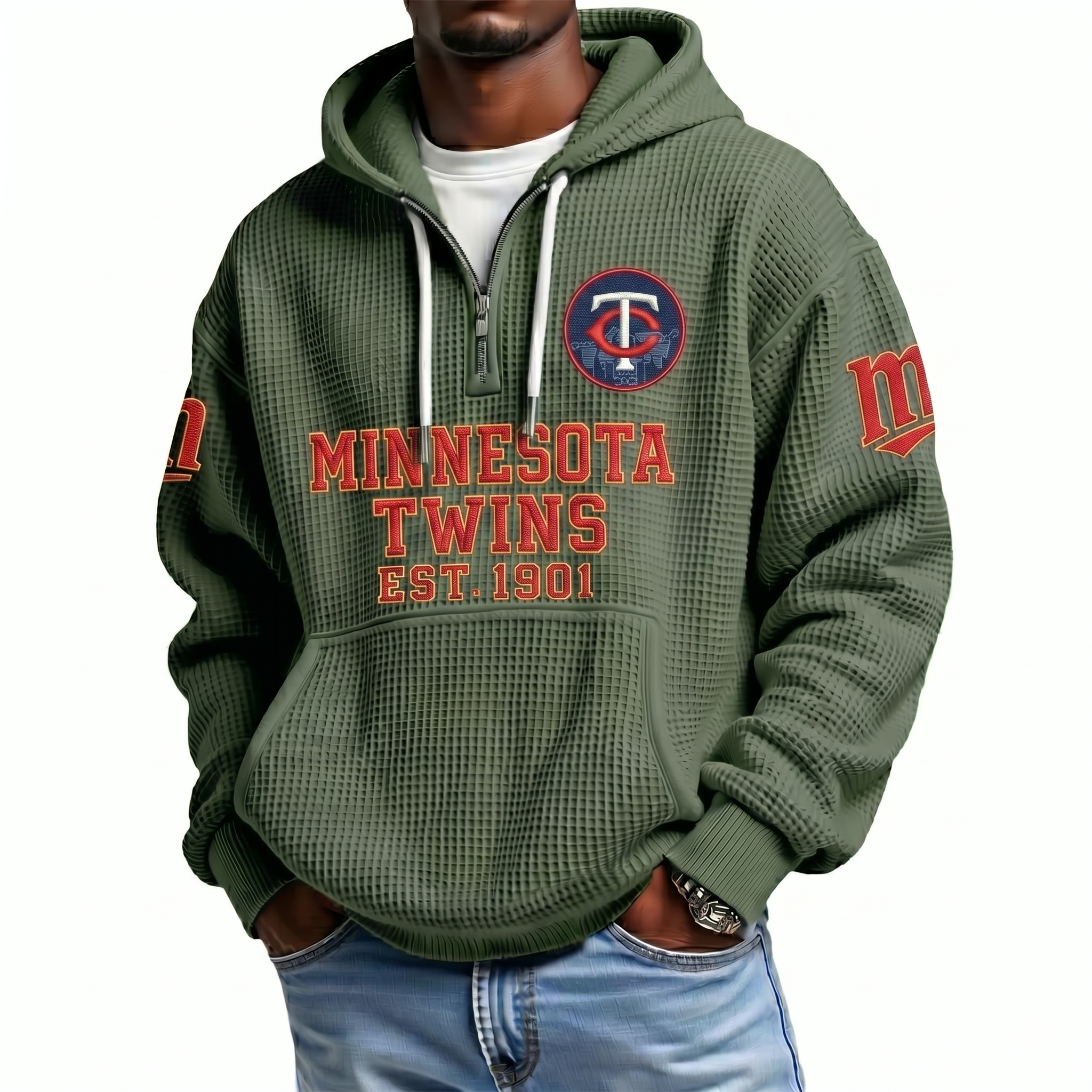 Minnesota Twins EST 1901 Printed Waffle Quarter Zip Baseball Fan Hoodie