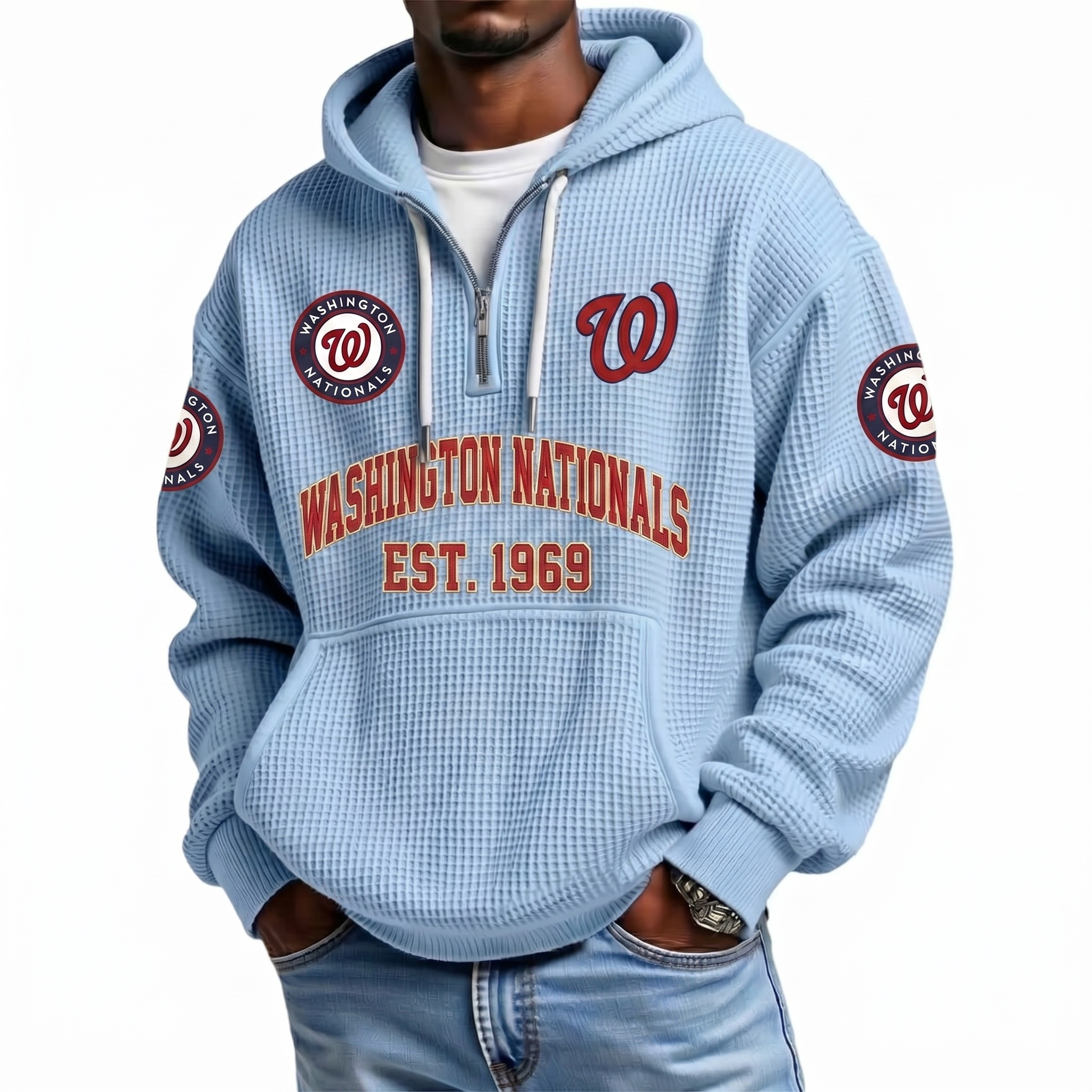 Washington Nationals EST 1969 Printed Waffle Quarter Zip Baseball Fan Hoodie