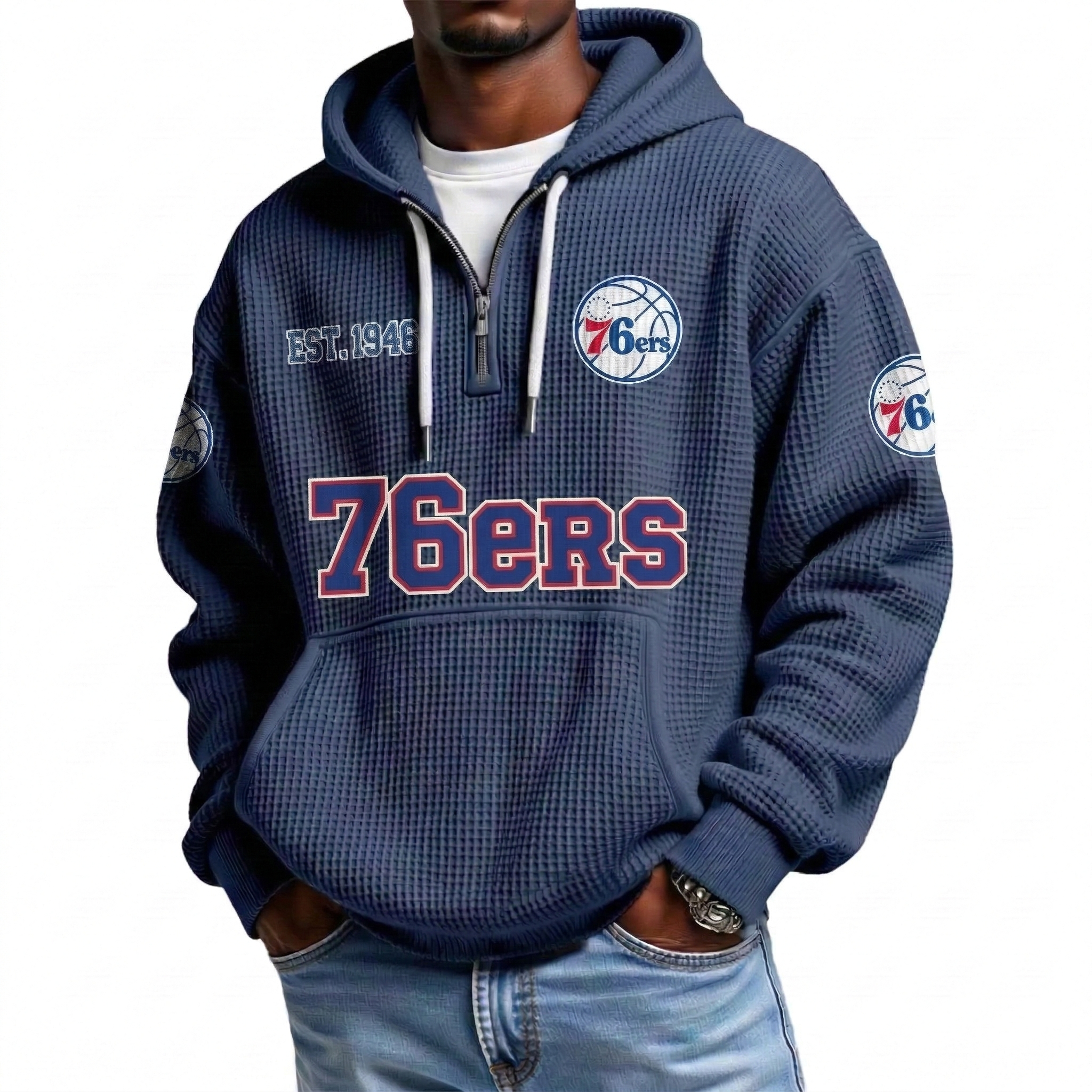 Philadelphia 76ers EST 1946 Printed Waffle Quarter Zip Basketball Fan Hoodie