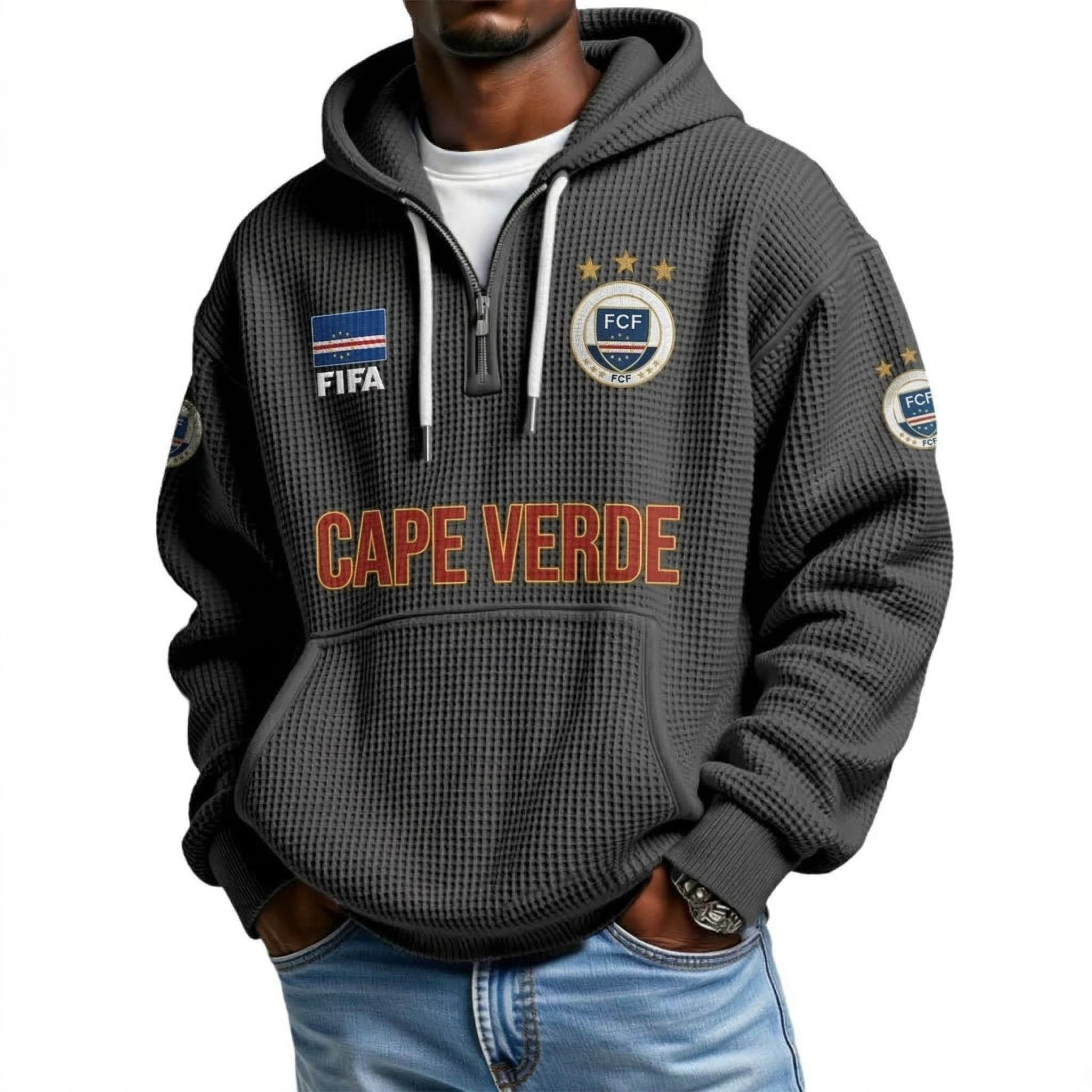 FIFA 2026 Cape Verde Printed Waffle Quarter Zip Football Fan Hoodie