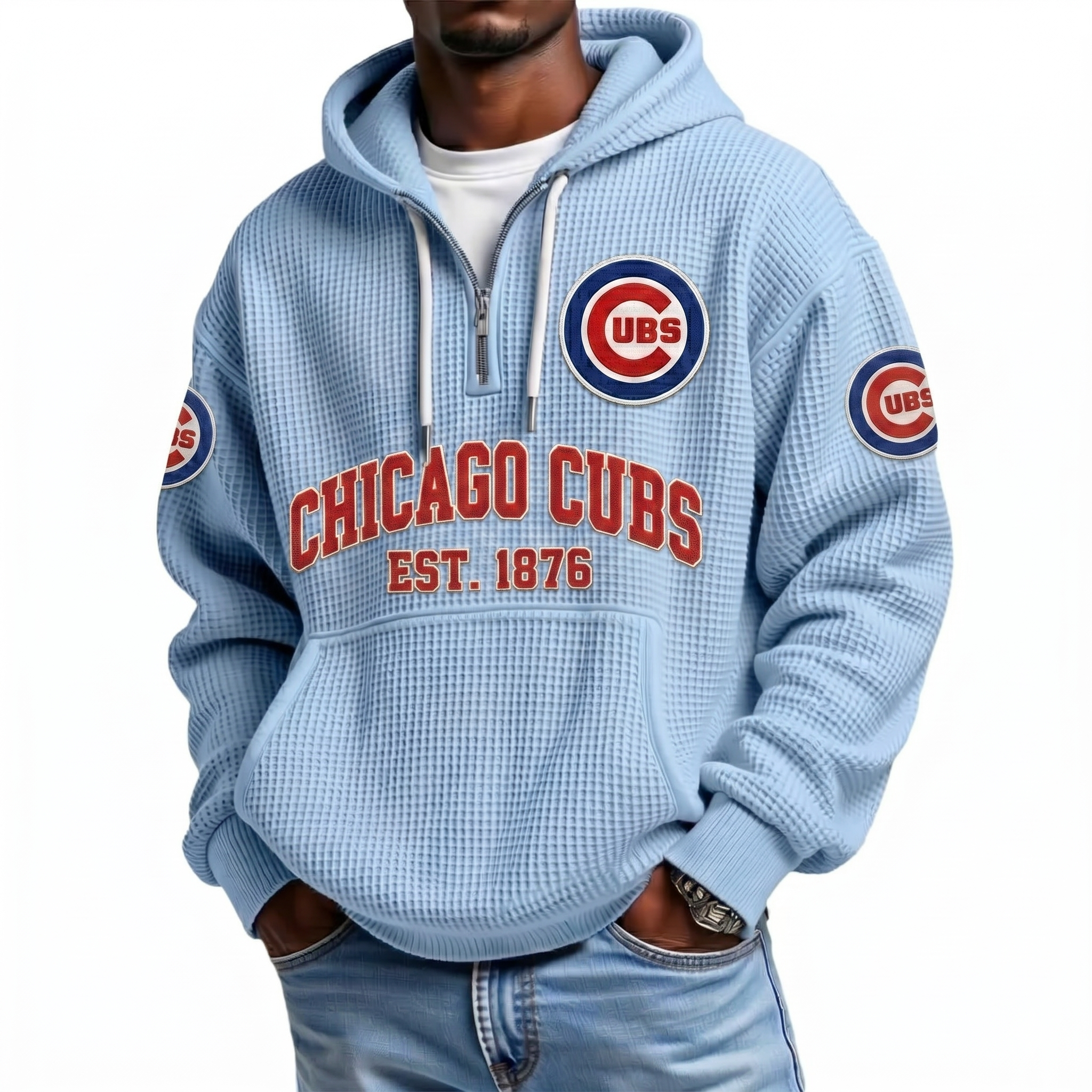 Chicago Cubs EST 1876 Printed Waffle Quarter Zip Baseball Fan Hoodie