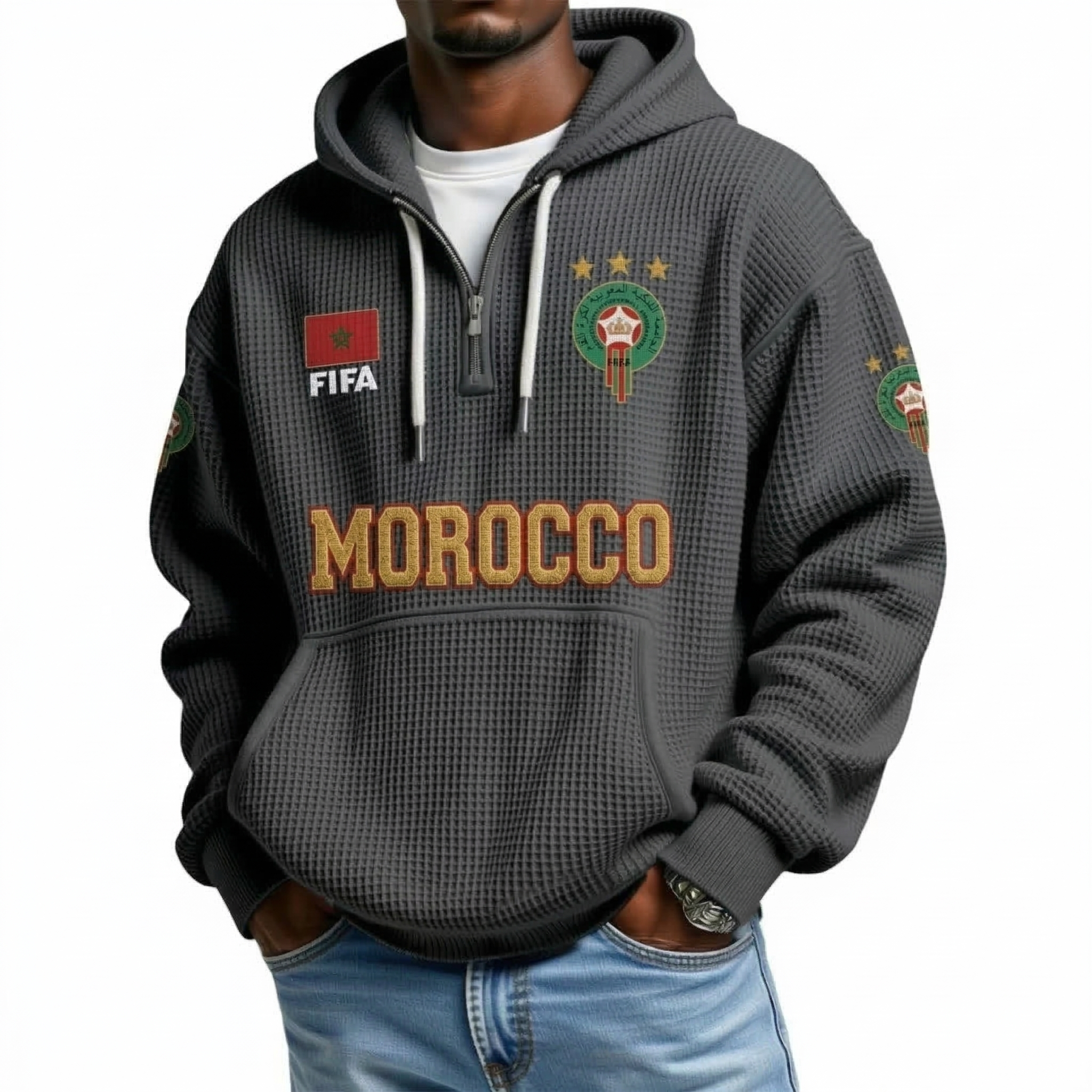 FIFA 2026 Morocco Printed Waffle Quarter Zip Football Fan Hoodie