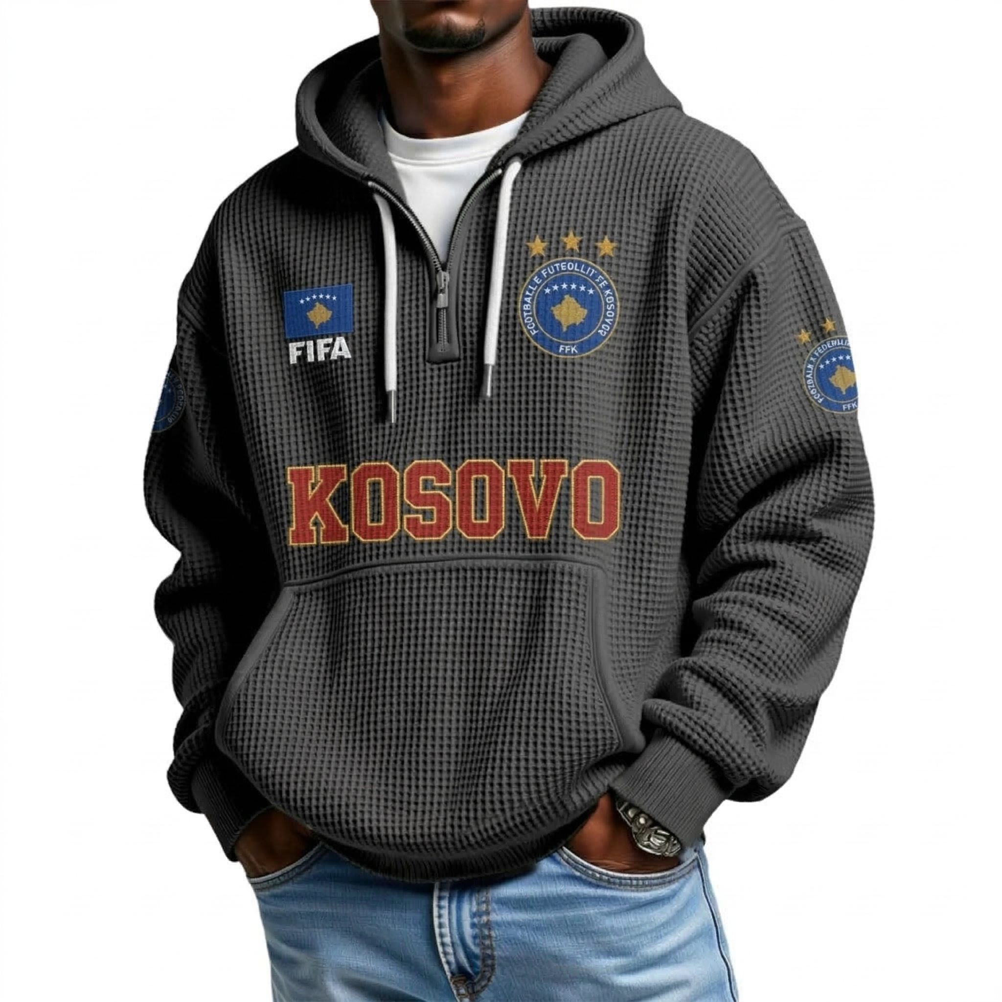 FIFA 2026 Kosovo Printed Waffle Quarter Zip Football Fan Hoodie
