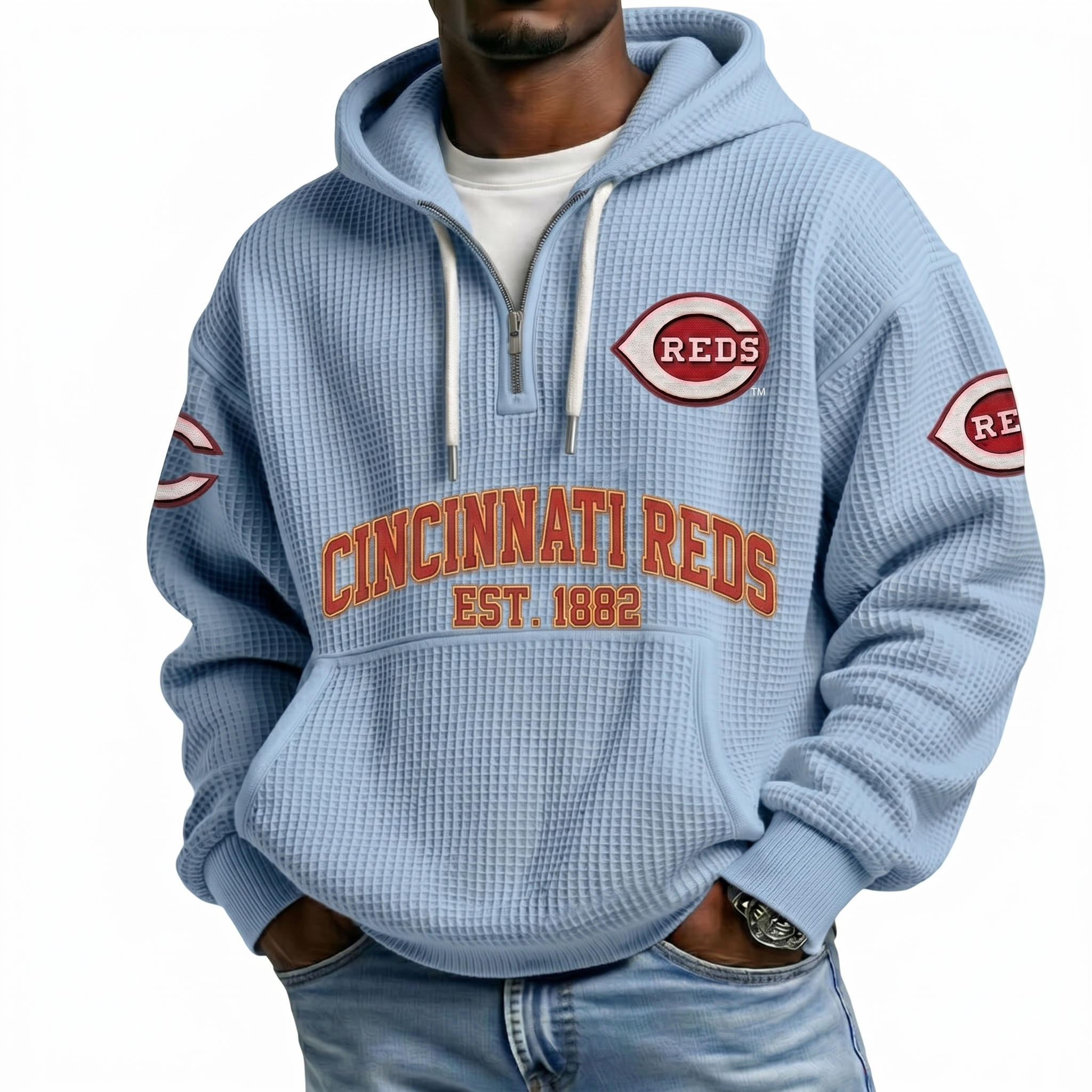 Cincinnati Reds EST 1882 Printed Waffle Quarter Zip Baseball Fan Hoodie