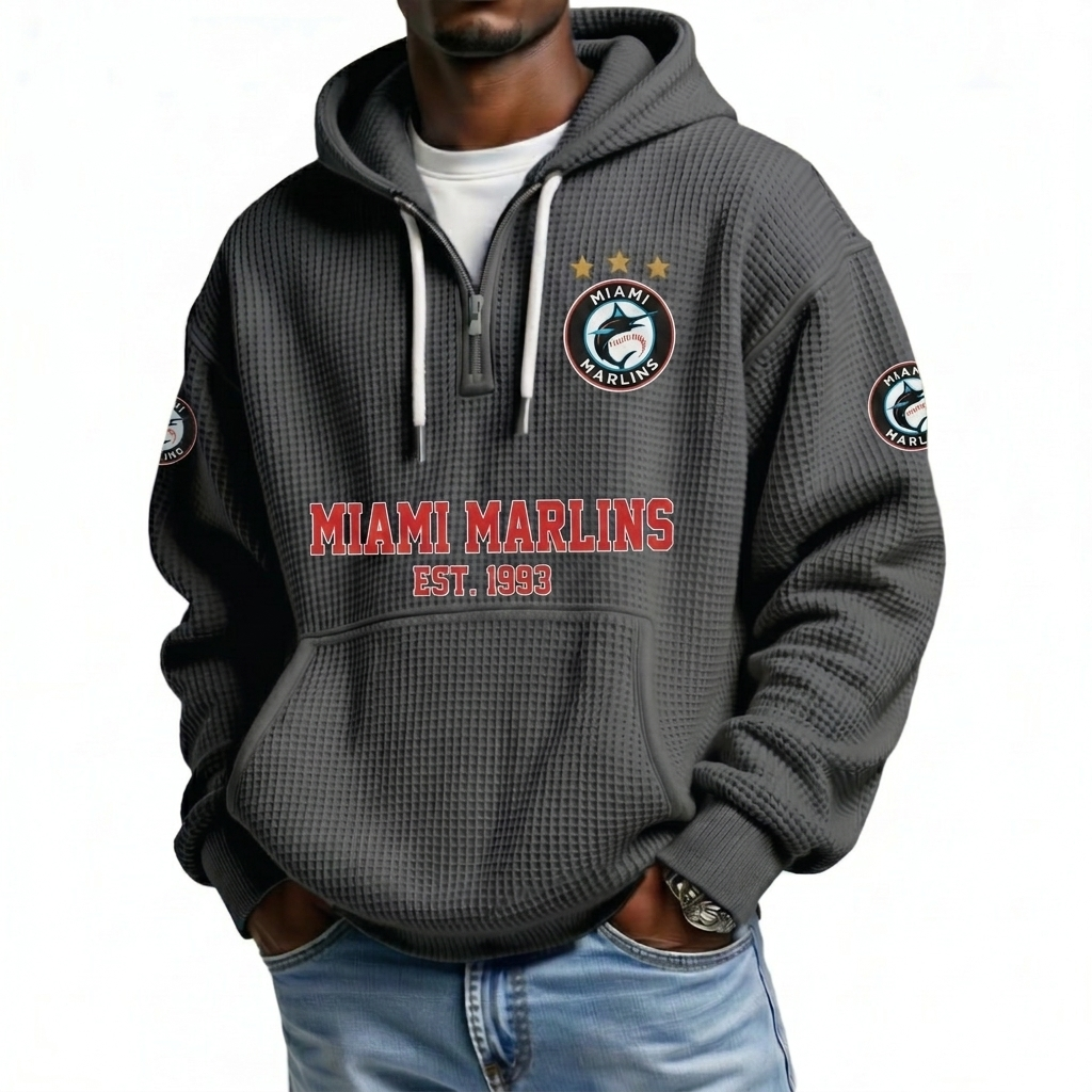 Miami Marlins EST 1993 Printed Waffle Quarter Zip Baseball Fan Hoodie