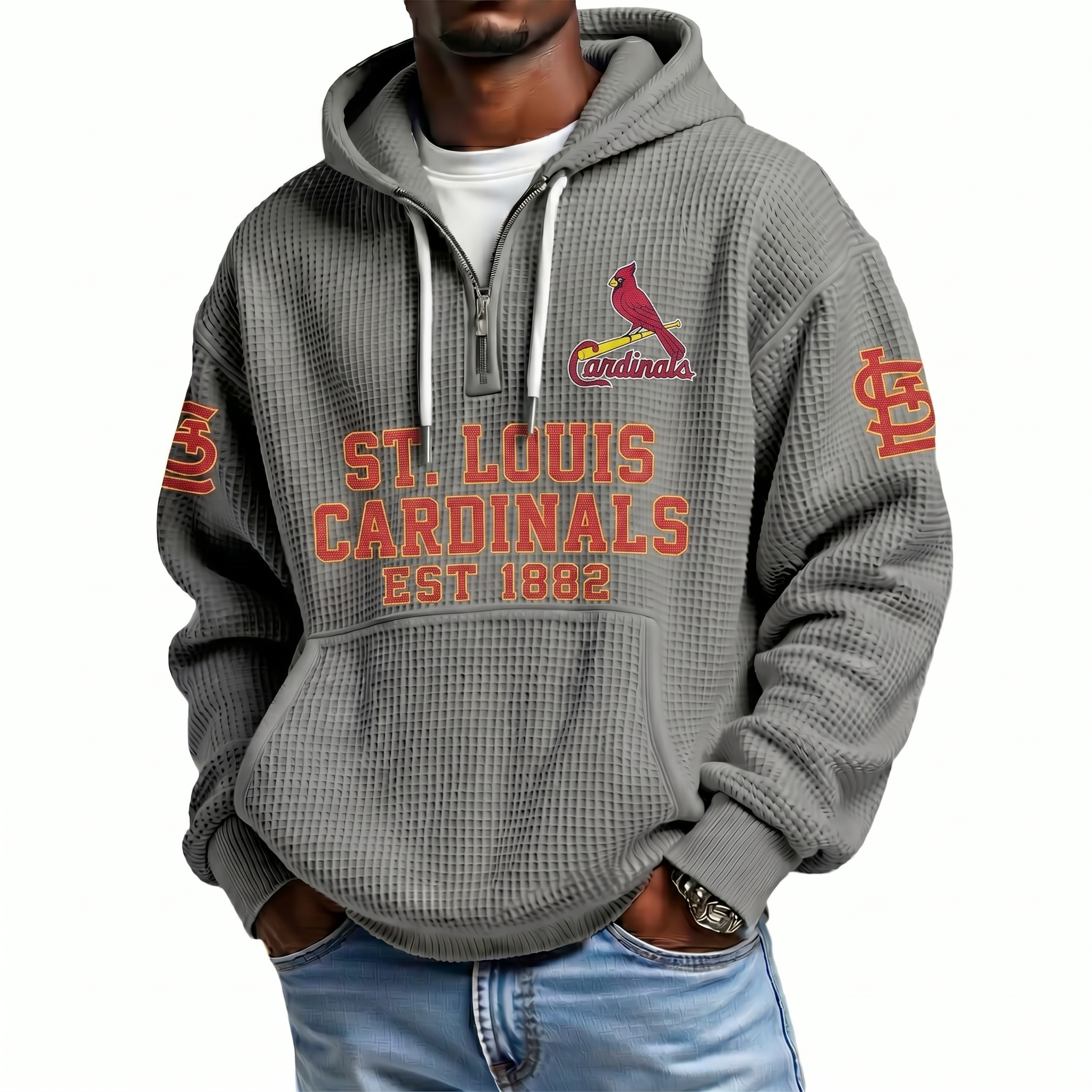 St. Louis Cardinals EST 1882 Printed Waffle Quarter Zip Baseball Fan Hoodie