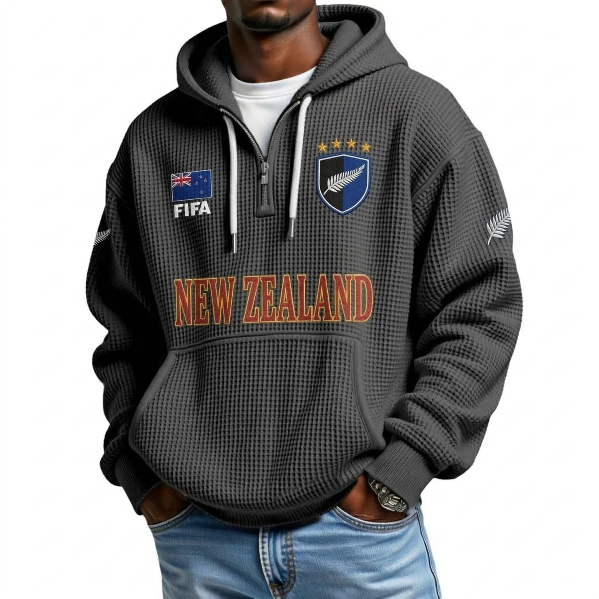 FIFA 2026 New Zealand Printed Waffle Quarter Zip Football Fan Hoodie