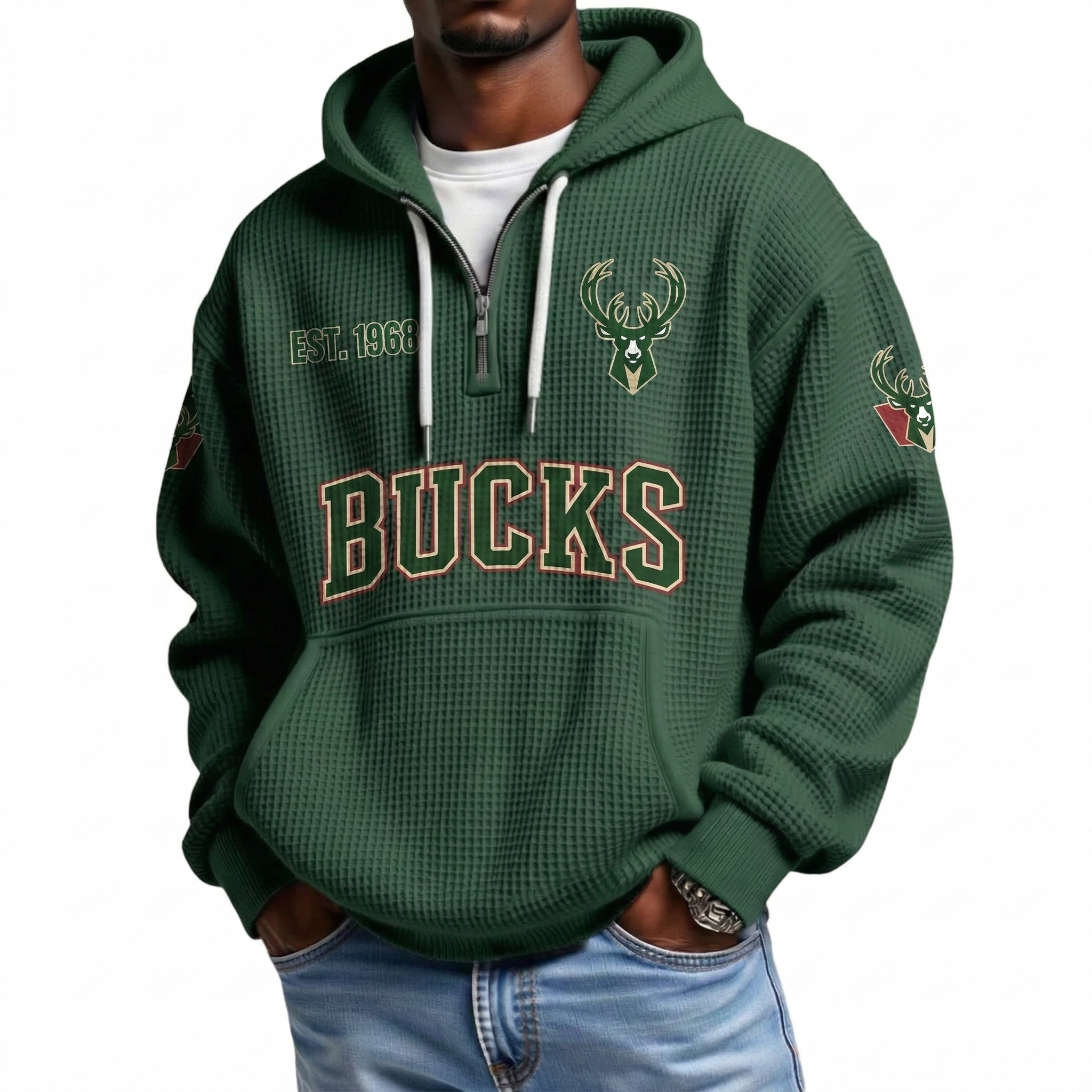 Milwaukee Bucks EST 1968 Printed Waffle Quarter Zip Basketball Fan Hoodie