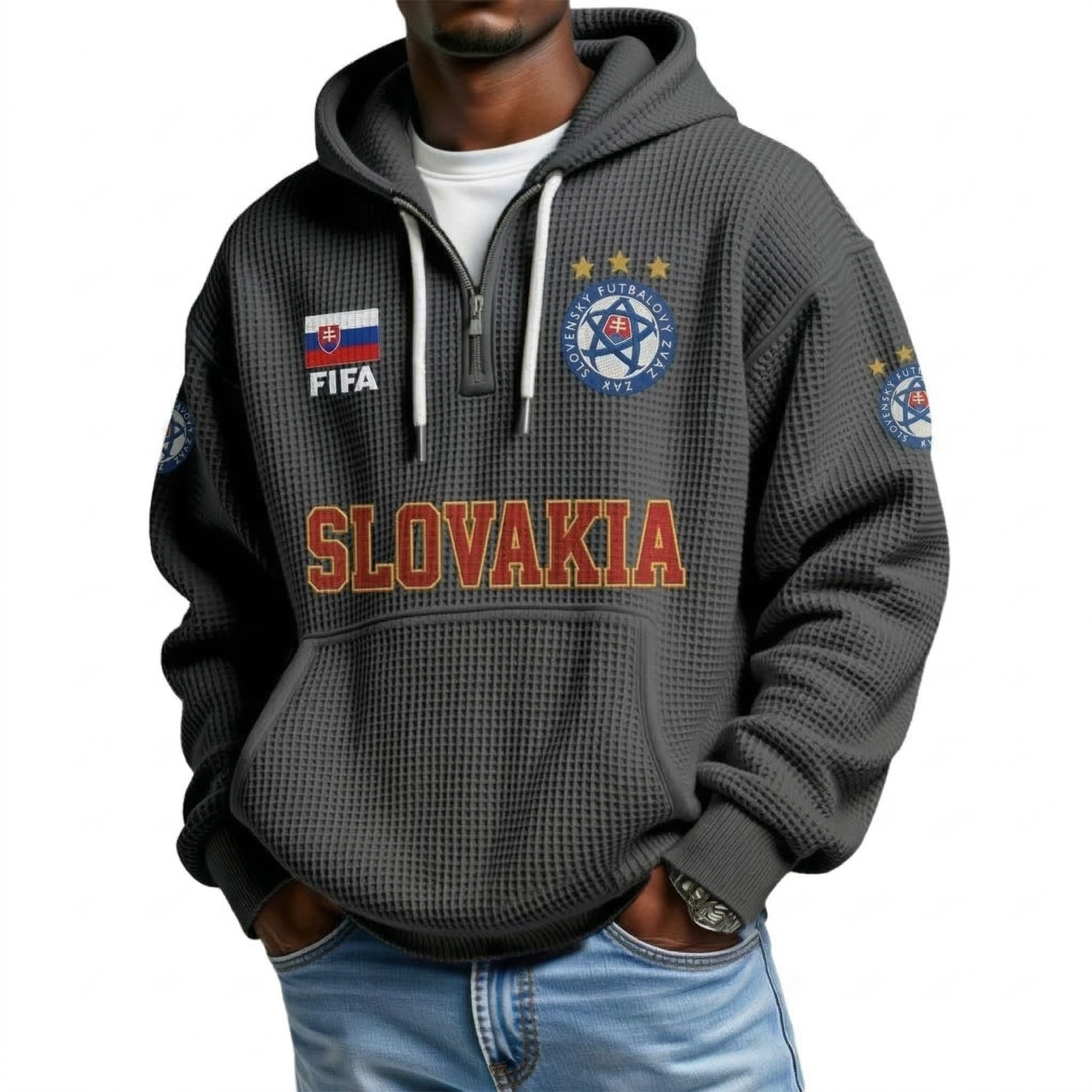 FIFA 2026 Slovakia Printed Waffle Quarter Zip Football Fan Hoodie
