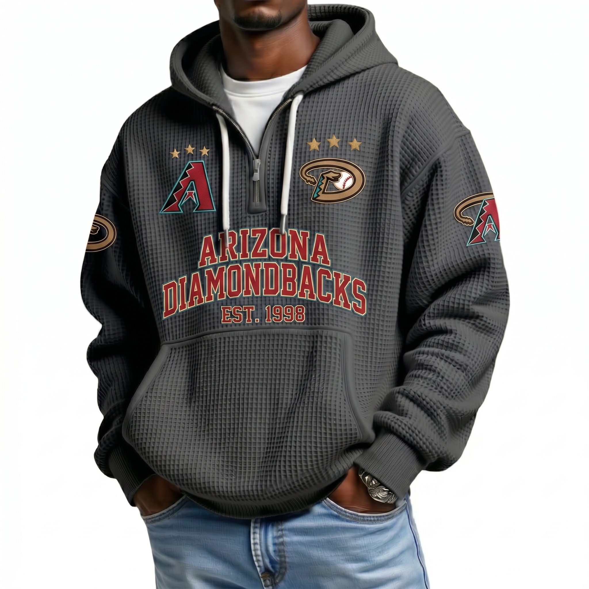Arizona Diamondbacks EST 1998 Printed Waffle Quarter Zip Baseball Fan Hoodie