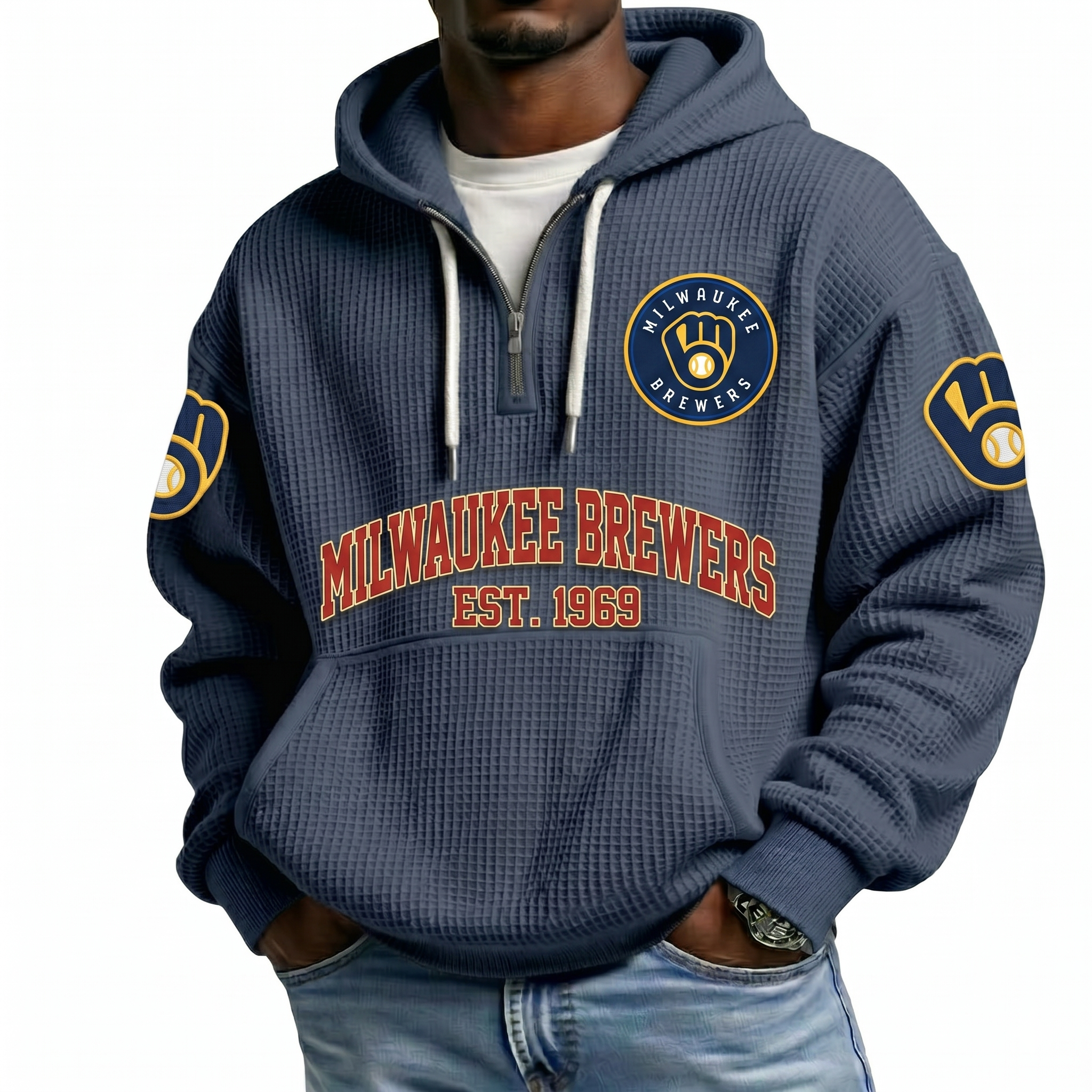 Milwaukee Brewers EST 1969 Printed Waffle Quarter Zip Baseball Fan Hoodie