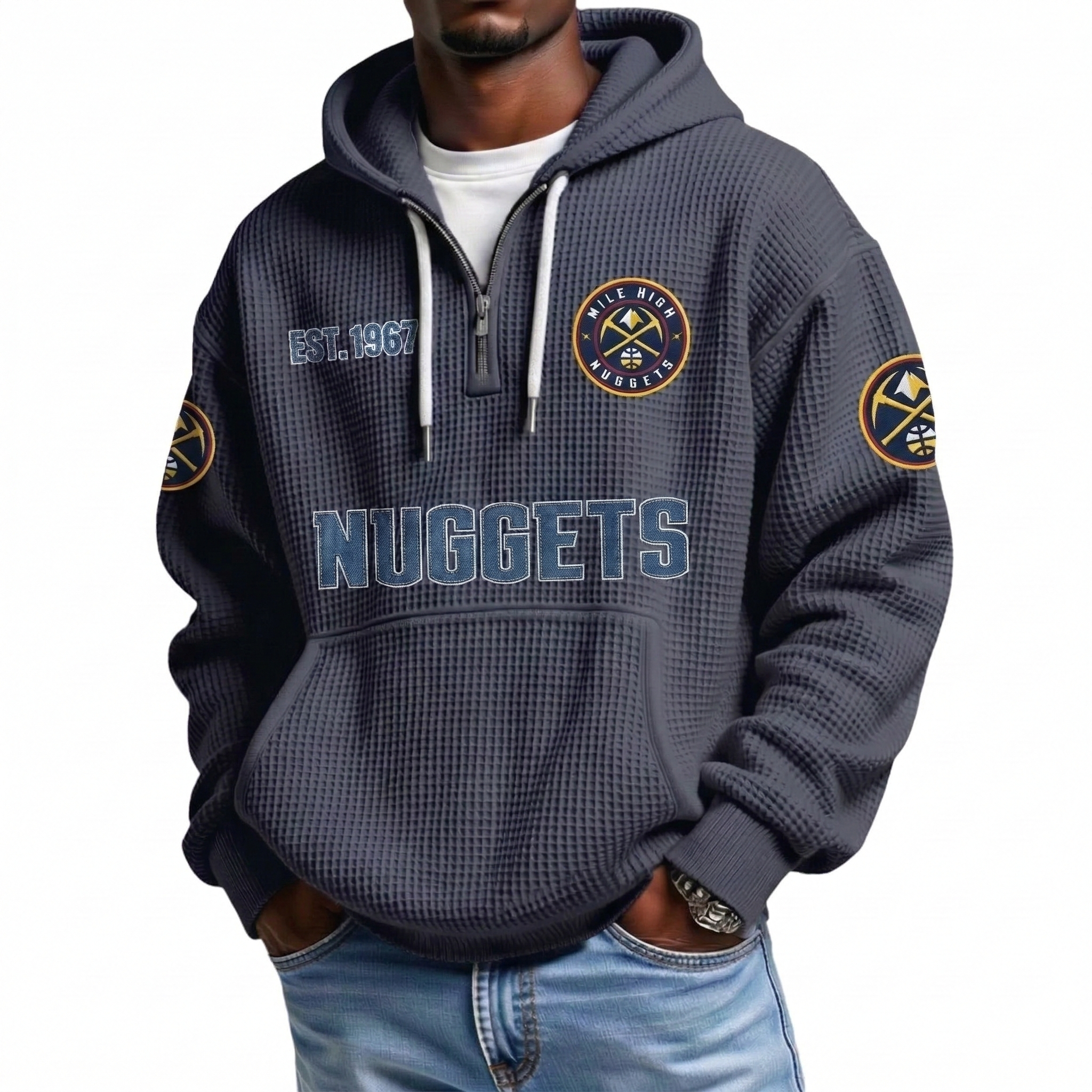 Denver Nuggets EST 1967 Printed Waffle Quarter Zip Basketball Fan Hoodie