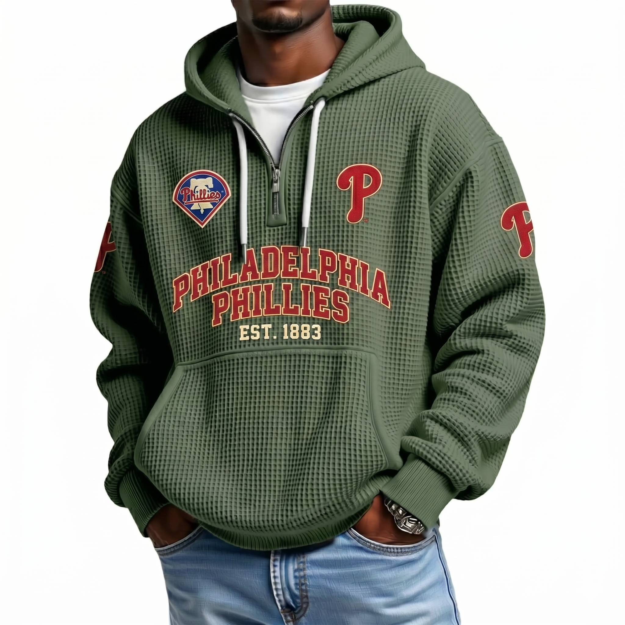 Washington Nationals EST 1969 Printed Waffle Quarter Zip Baseball Fan Hoodie