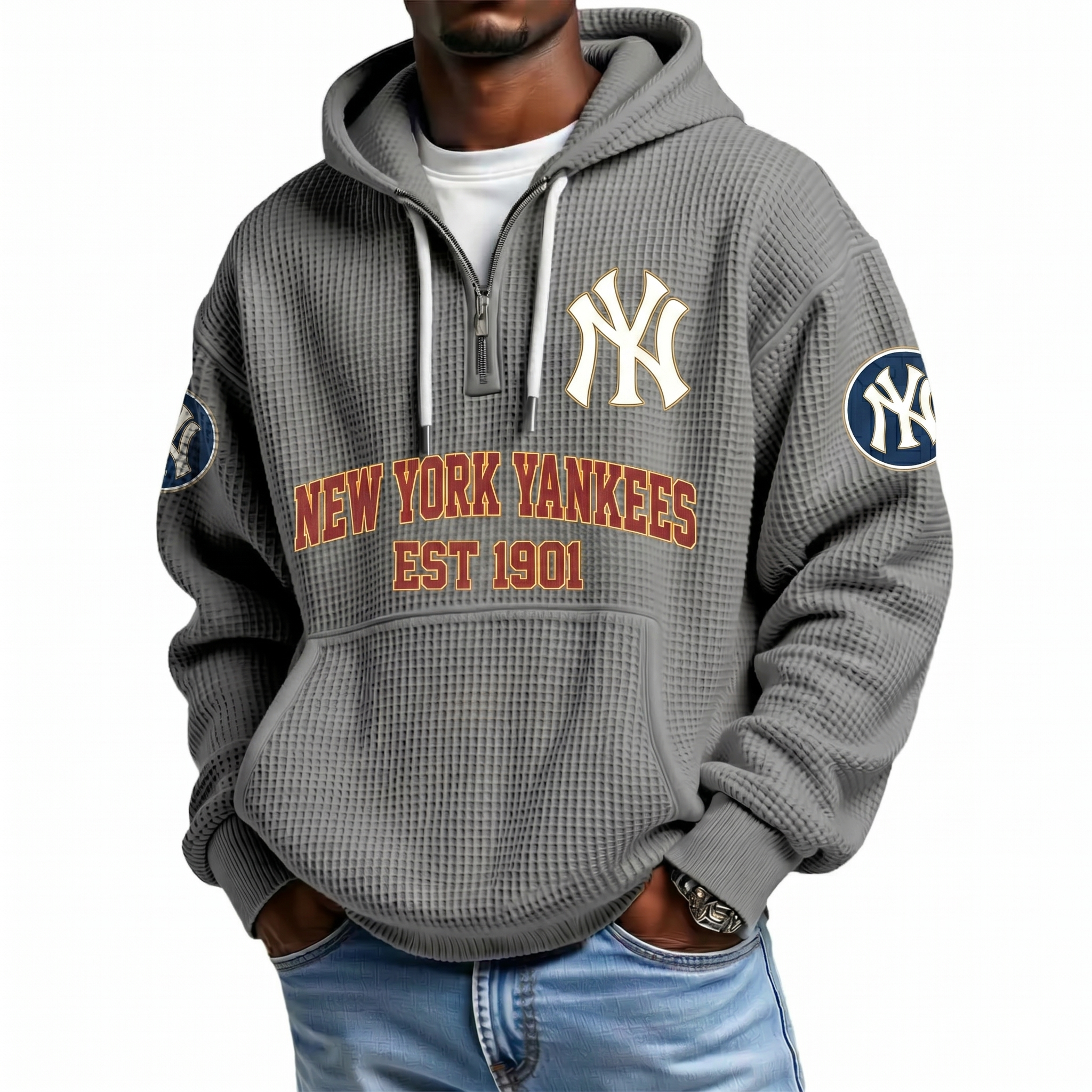 New York Yankees EST 1901 Printed Waffle Quarter Zip Baseball Fan Hoodie