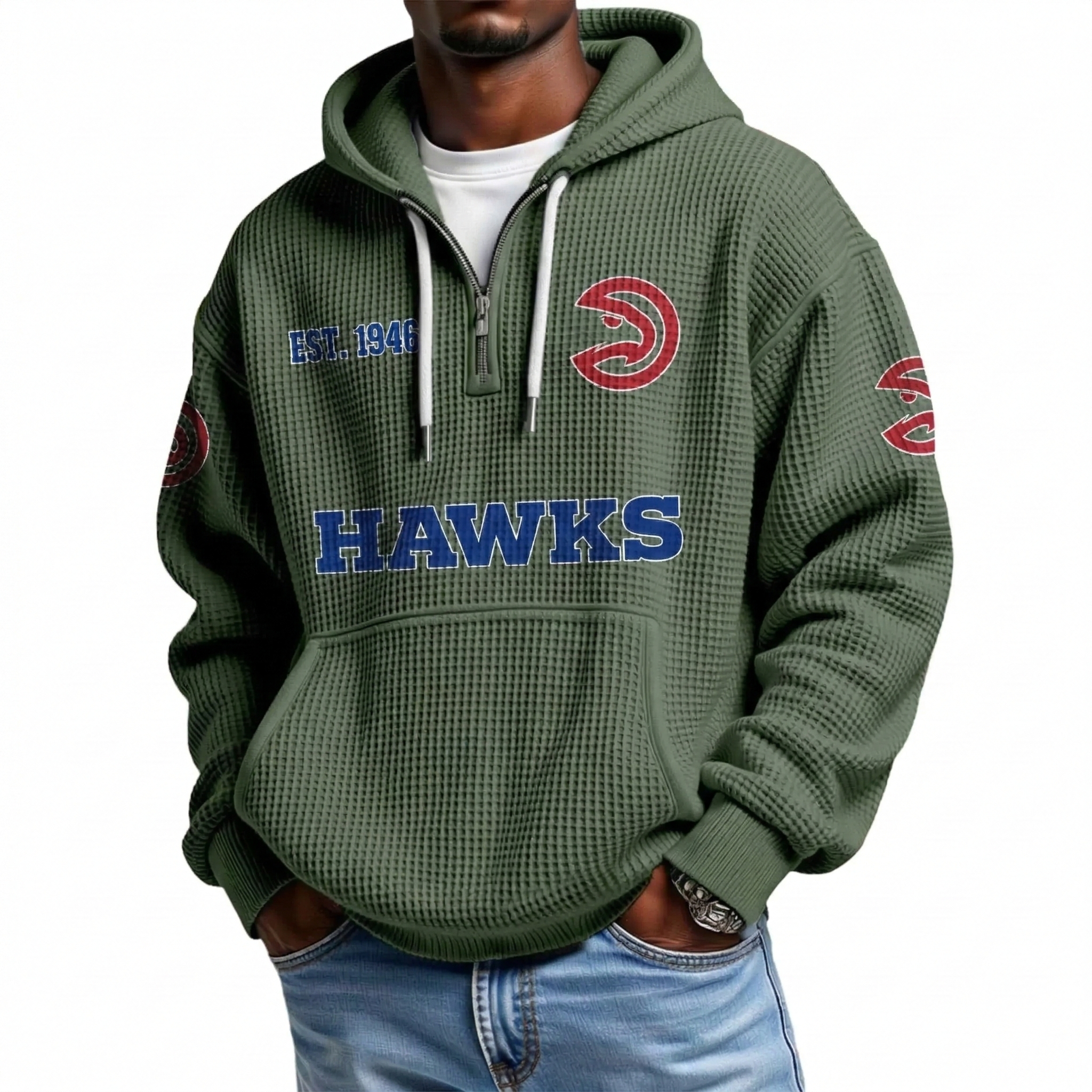 Atlanta Hawks EST 1946 Printed Waffle Quarter Zip Basketball Fan Hoodie
