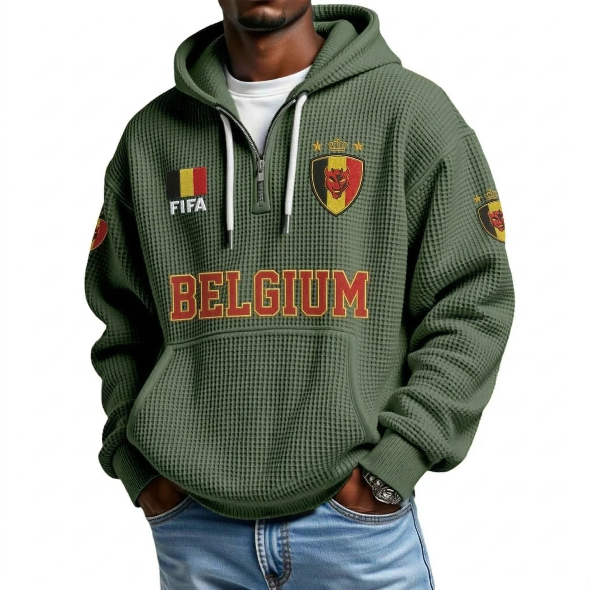 FIFA 2026 Belgium Printed Waffle Quarter Zip Football Fan Hoodie