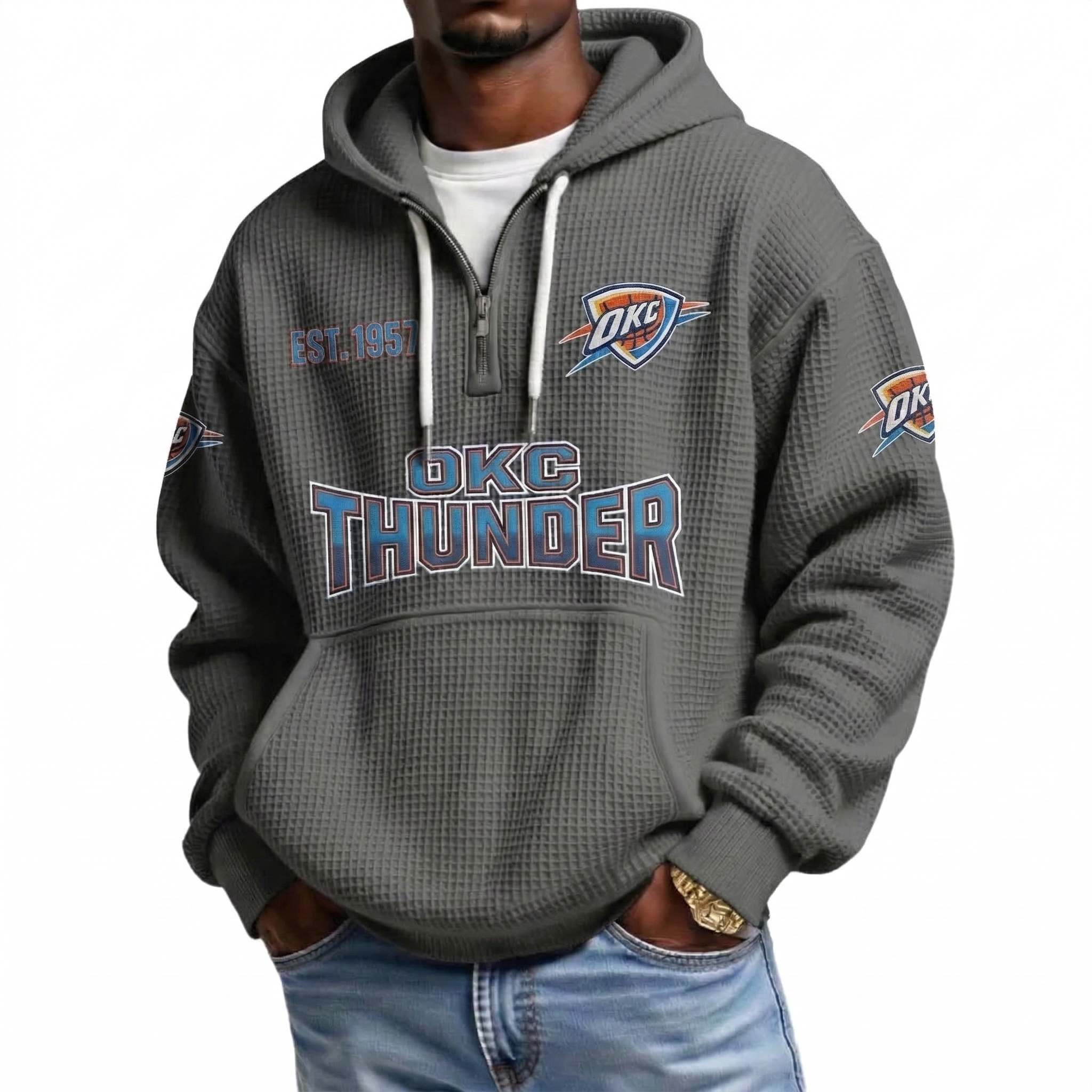 Oklahoma City Thunder EST 1967 Printed Waffle Quarter Zip Basketball Fan Hoodie
