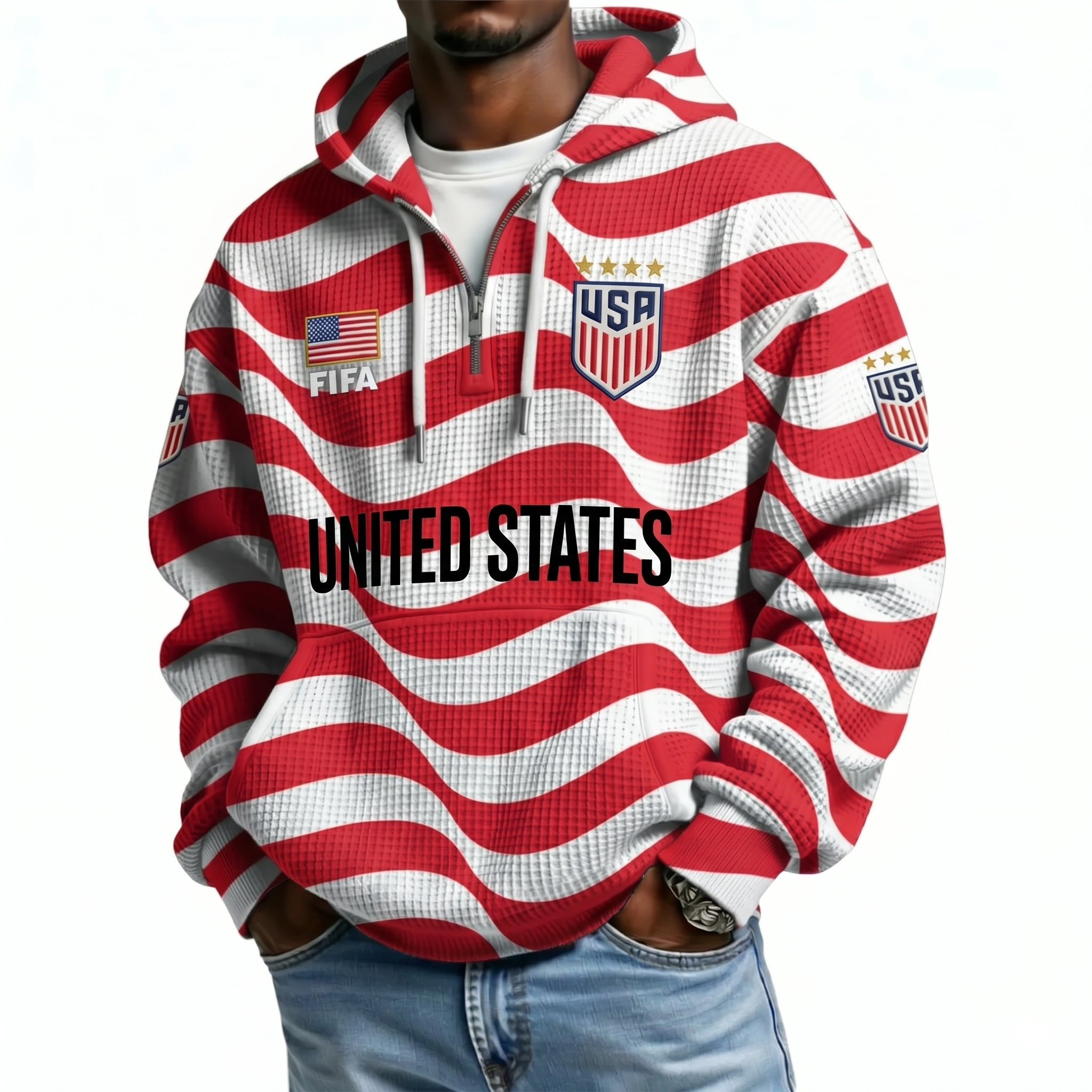 FIFA 2026 United States Printed Waffle Quarter Zip Football Fan Hoodie
